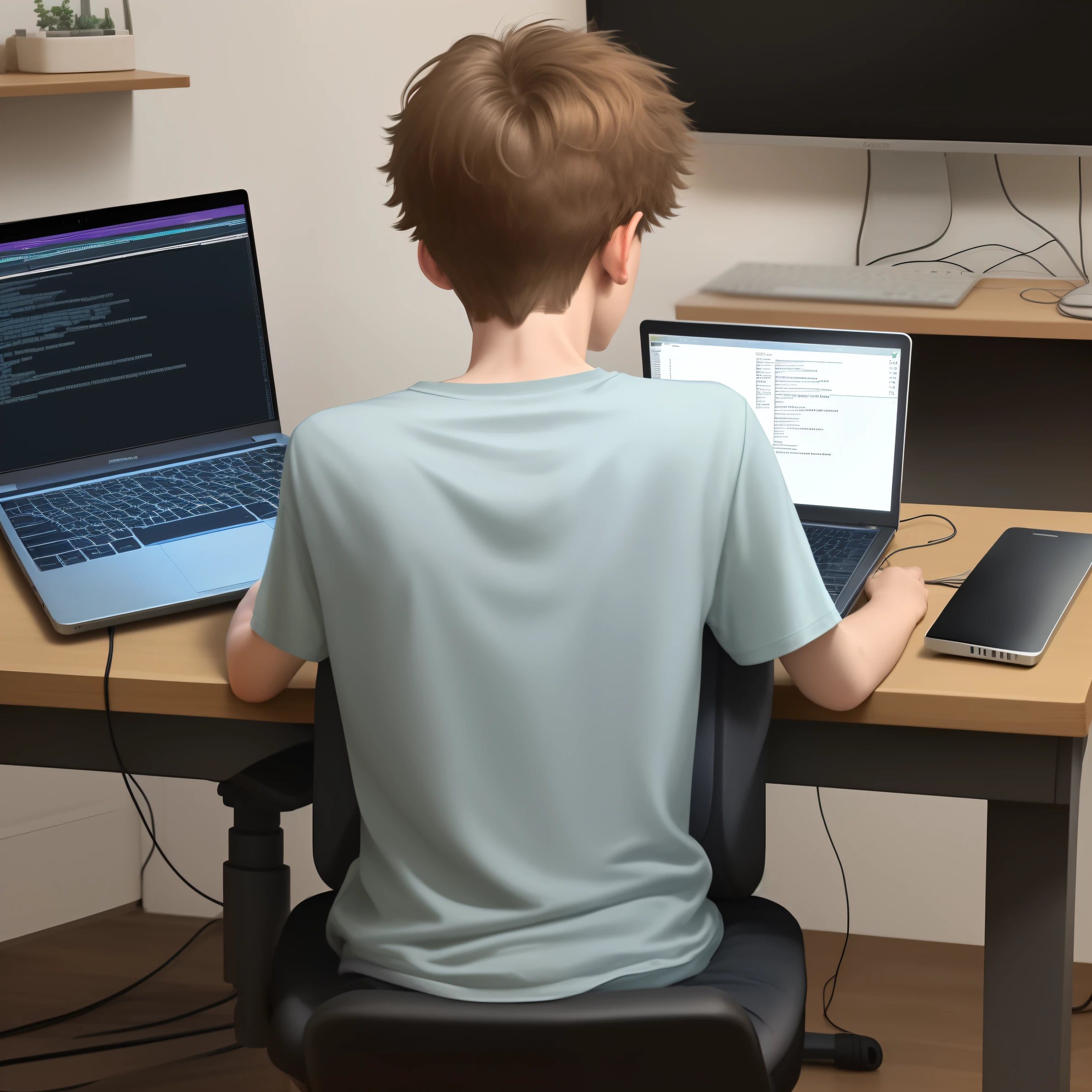 boy of age 19 years is doing programming on his laptop , laptop is on table , boy is sitting on gaming chair , image should be from behind him