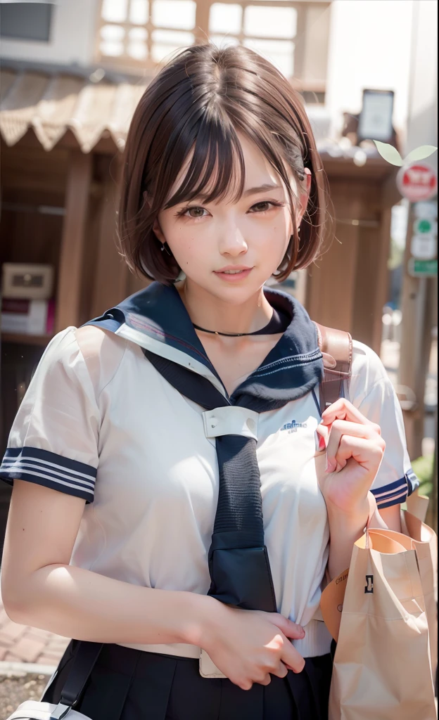 There is a woman in a sailor suit and bag, wearing japanese school uniform, Seifuku, Japan school uniform, japanese girl school uniform, closeup Iwakura Lain, Junko Enoshima, real life anime girl, akiko takase, shinkai makoto, iwakura lain, rumiko, aya takano color style