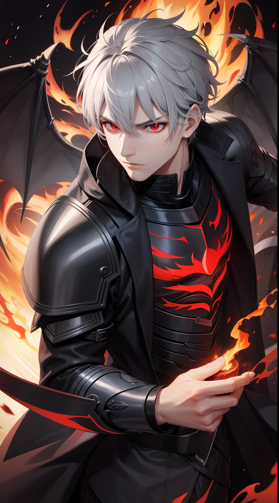 Adult male with gray hair, red eyes, surounded by dark flames, evil, beserk, wearing beserk armor, devil, having big swor