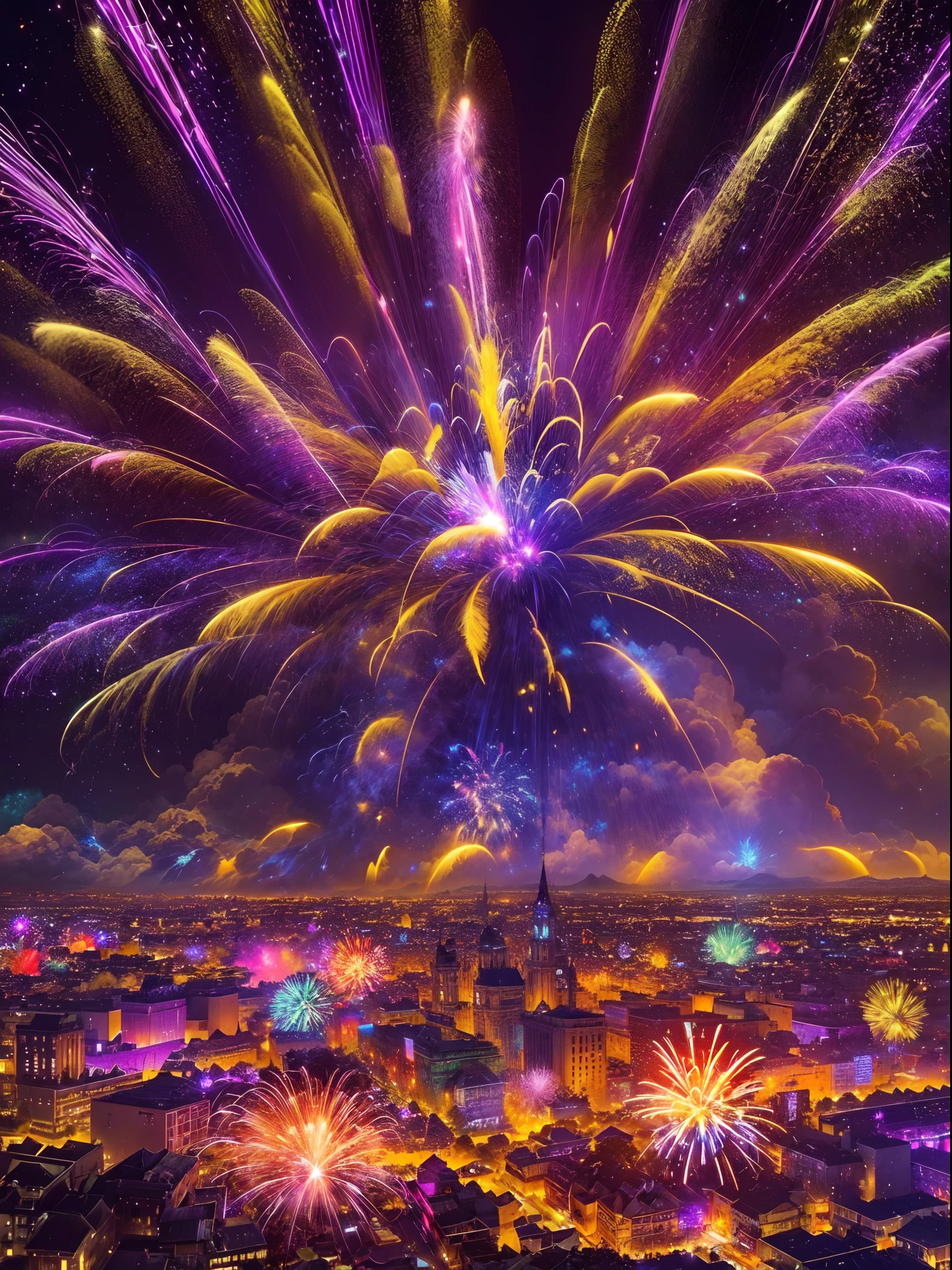 (bright and sparkling:1.1), magnificent explosion, (spectacular and mesmerizing:1.2), illuminating the darkness, (brilliant and vivid colors), (crackling and popping sounds), (captivating and breathtaking:1.1) display of lights, (dazzling and radiant) patterns, (enchanting and magical), (explosive and energetic), (celebration and joy).