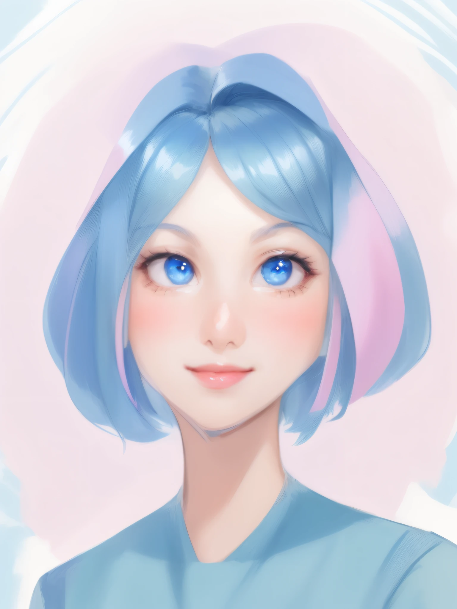 a drawing of the face of a woman with a short hair, short blue hair, blue eyes,looking at the viewer,cute smile, pink cheeks, anime face, character headshot portrait, character - portrait, face anime portrait, character design portrait, simple concept art portrait of anime girl