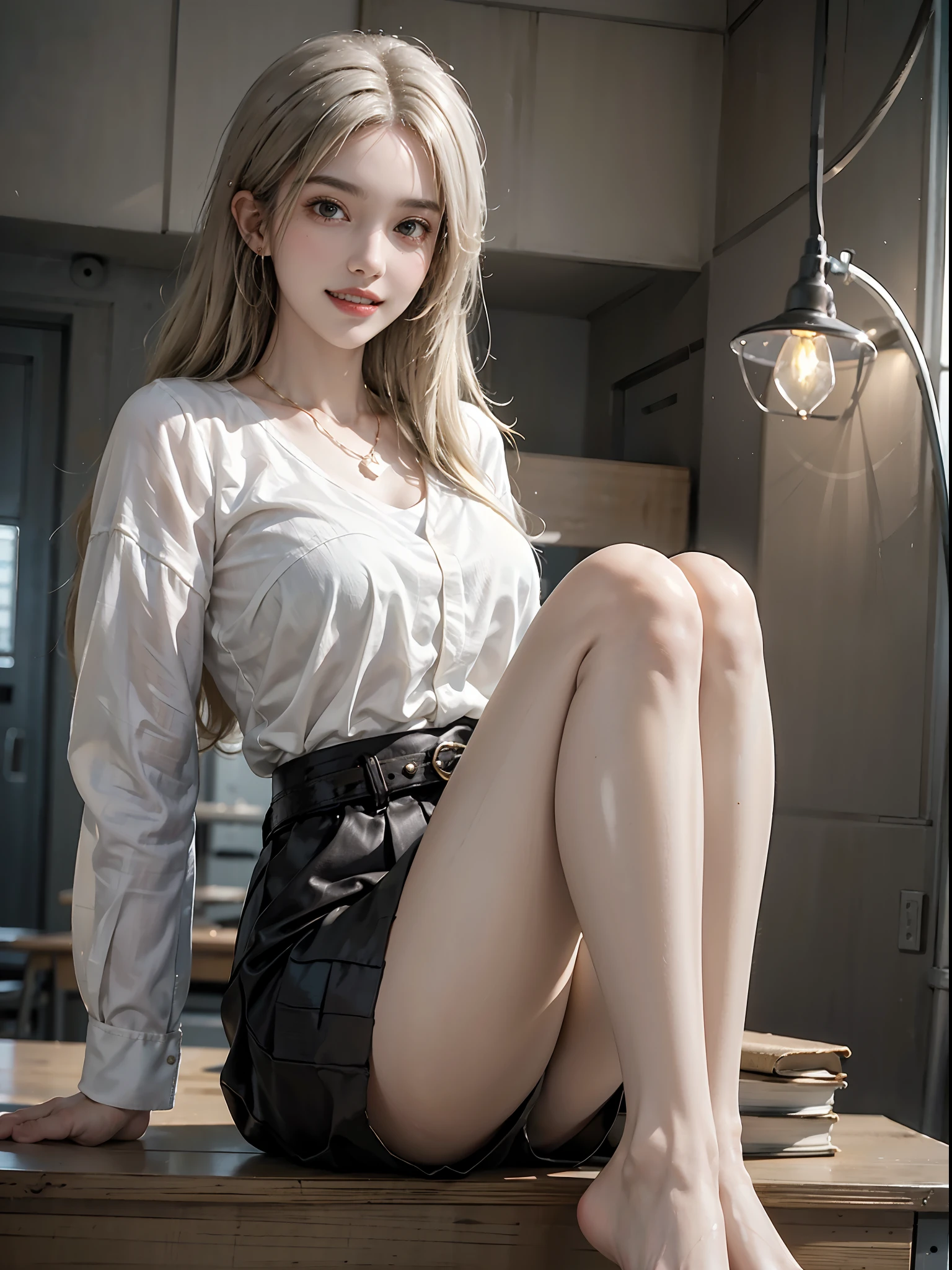 ((full body)), ((from below)), ((realistic)), 1girll, posed for photo, inside in room, desks, Sit Pose, pretty legs, The upper body leans forward slightly, looking at viewert, Detailed scenes, curlies, Air bangs, Beautiful hair accessories, Brownish-yellow hair, ((White color blouse, black short skirt, Shiny belt)), (Campus style), warm lights, a warm color palette, Detailed details, ultra-detailliert, (tmasterpiece, best qualtiy), (An extremely delicate and beautiful work), Delicate earrings, Delicate necklace, Simple blurred background, Extreme detail description, Ultra-fine painting, Delicate face, slim toned body, (grin, happy grin, Baring teeth), (anatomy correct)