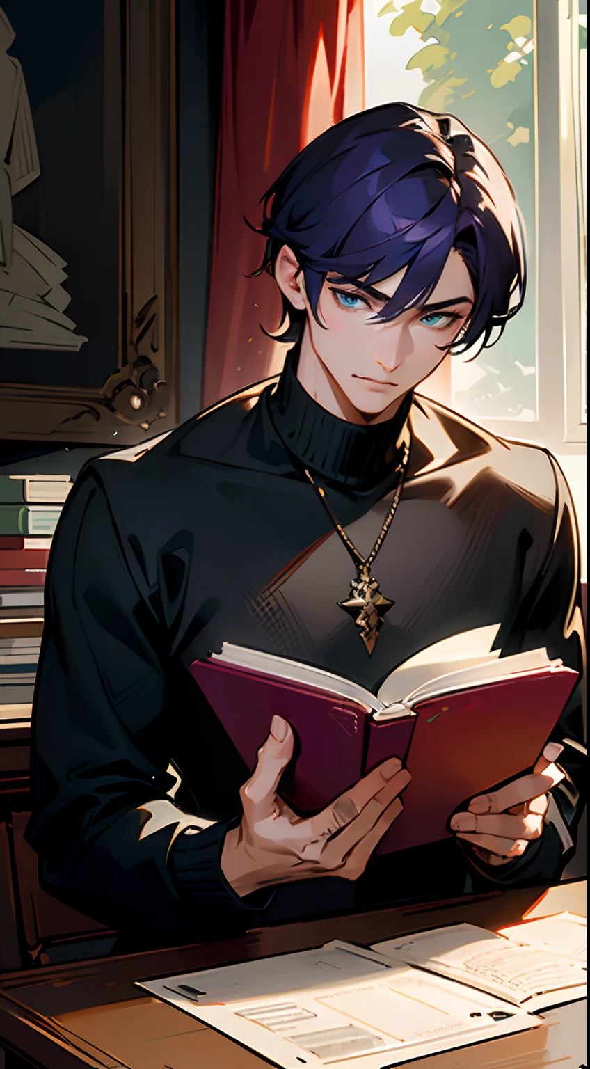 ((masterpiece,ultra-detailed, intricate details, best quality,illustration)),1man, solo, highres, looking at book, tall, very tall, masculine, blue eyes, dark purple hair, short hair, black sweater, modern clothes, modern outfit, reading a book, studying, indoors, sunlight shining through, focused expression, elegant and masculine, masculine and mature, detailed, vibrant colors, high contrast, dynamic lighting, realistic textures, illustration aesthetic, detailed design, unique design, modern design