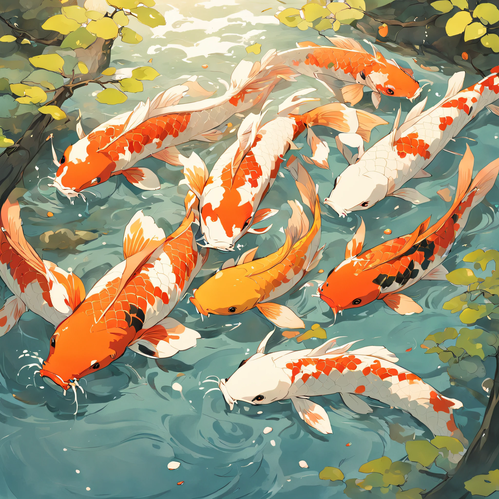 Envision a serene cascade of an ancient Japanese river. Vivid-colored koi ranging from golds to oranges and reds swim upwards, against the current. The water flows with the traditional "ukiyo-e" stylized wavy lines, while the koi are intricately illustrated with scales and fins that capture the essence of motion. Cherry blossom trees on the riverbanks add a serene atmosphere, embracing the spirit of the "floating world".