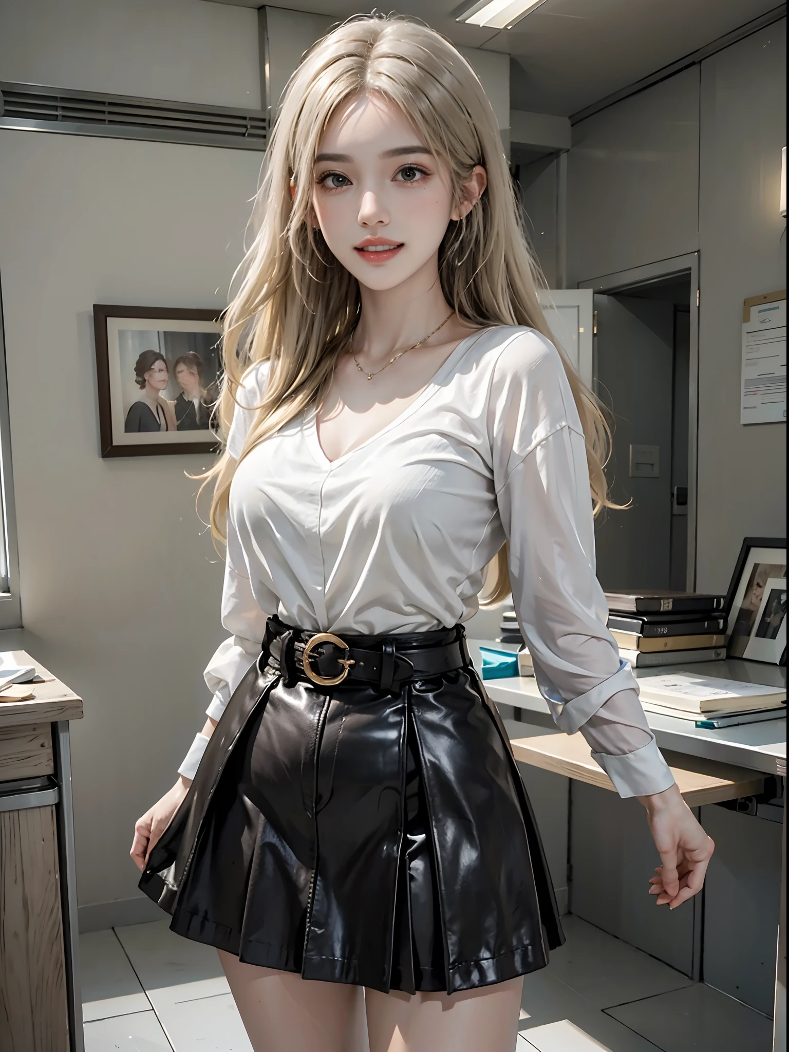 ((full body)), ((from side)), ((realistic)), 1girll, posed for photo, inside in room, desks, Stand up, standing on your feet, pretty legs, The upper body leans forward slightly, looking at viewert, Detailed scenes, curlies, Air bangs, Beautiful hair accessories, Brownish-yellow hair, ((White color blouse, black short skirt, Shiny belt)), (Campus style), warm lights, a warm color palette, Detailed details, ultra-detailliert, (tmasterpiece, best qualtiy), (An extremely delicate and beautiful work), Delicate earrings, Delicate necklace, Simple blurred background, Extreme detail description, Ultra-fine painting, Delicate face, slim toned body, (grin, happy grin, Baring teeth), (anatomy correct)