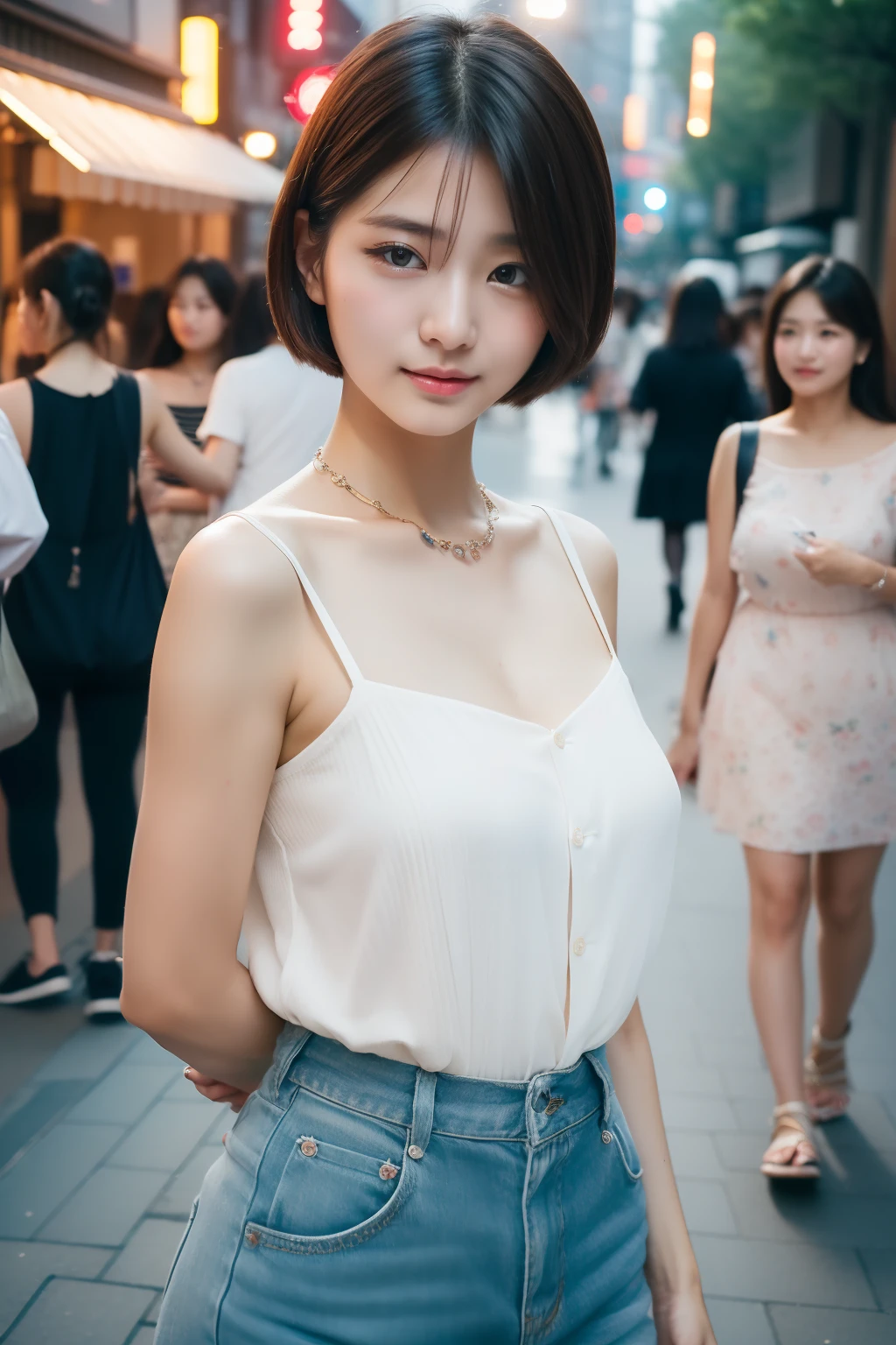 (top-quality、8K、32K、​masterpiece）Beautuful Women、TOKYOcty、In the street、natta、street snap、夏天、short-cut