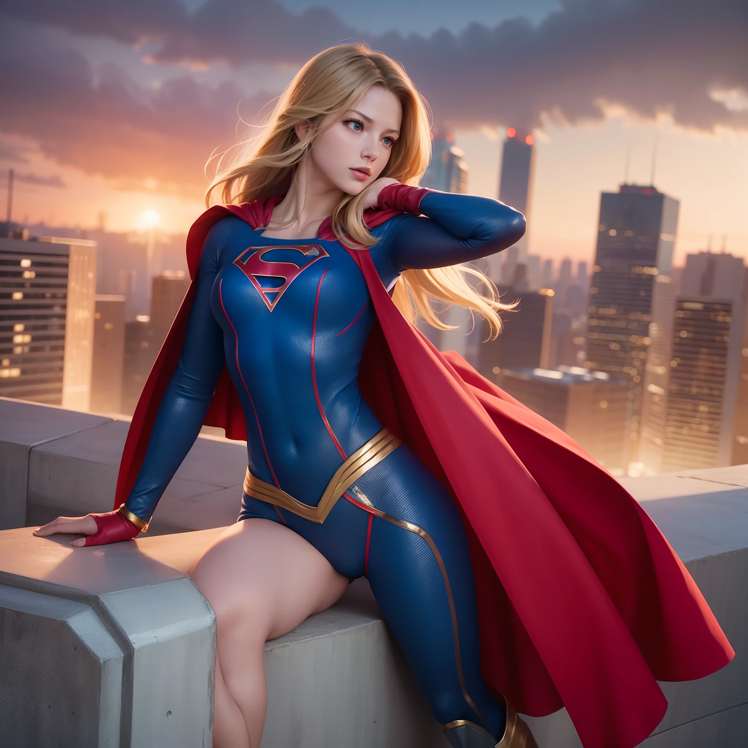 Front view, analogue photo, VHS, Supergirl, blonde, curvy body, posing on the roof of a skyscraper, looking at viewer, night, starry sky