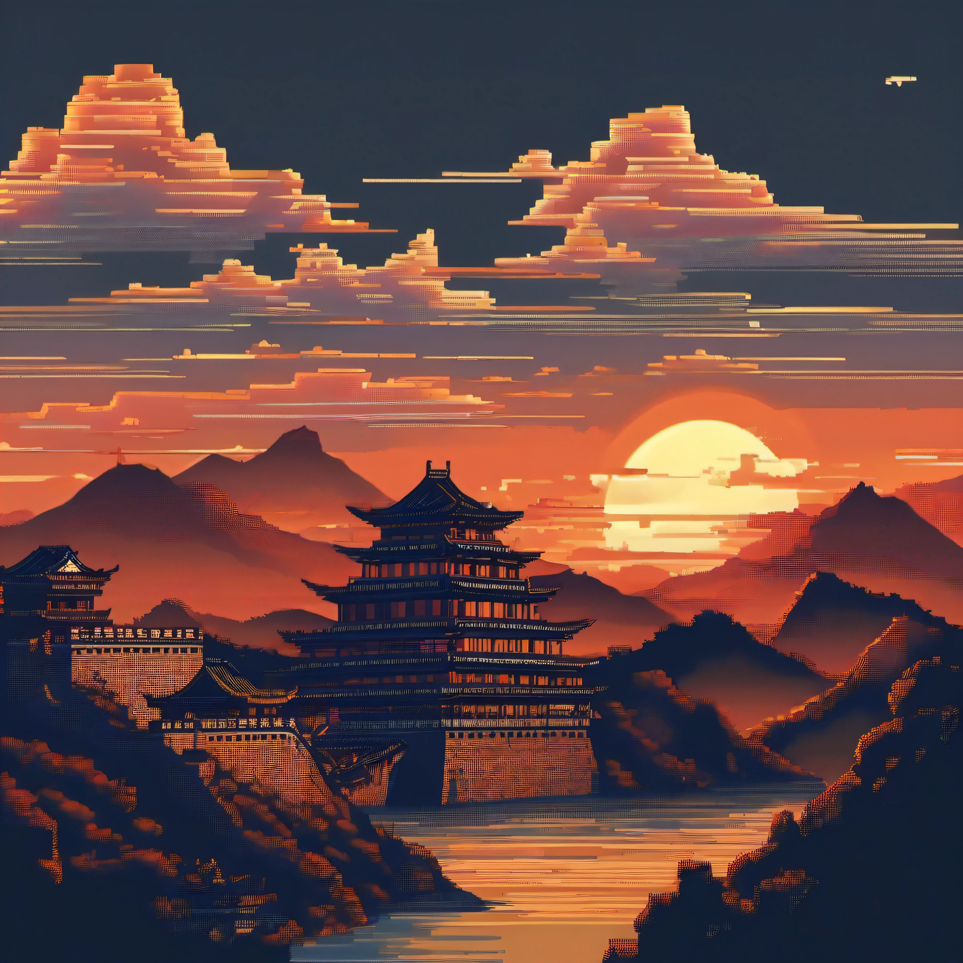 Tulou,Chinese big breasts,Dragon,the great wall,lakes,High hills,suns,baiyun,pix,pixelart