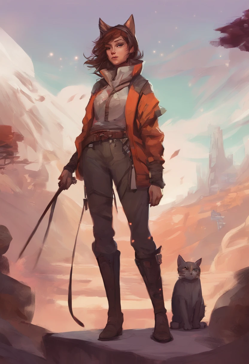 nonbinary gendered, PERSON WITH CAT EARS, dnd style, brown chin-length hair, reddish-orange eyes, slit eyes, 5'6, 107 lbs, fully clothed, leather traveler's clothes