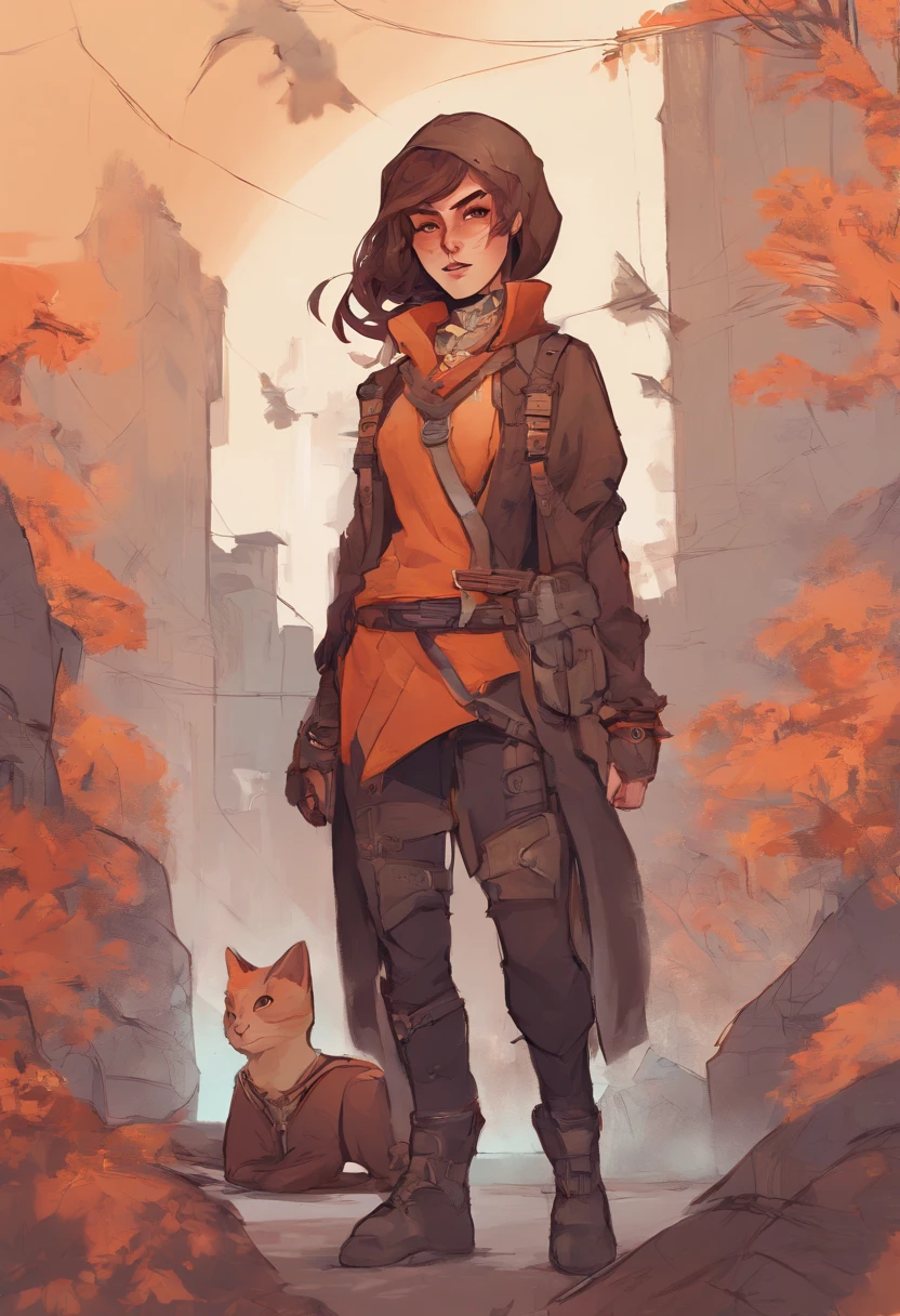 nonbinary gendered, PERSON WITH CAT EARS, dnd style, brown chin-length hair, reddish-orange eyes, slit eyes, 5'6, 107 lbs, fully clothed, leather traveler's clothes