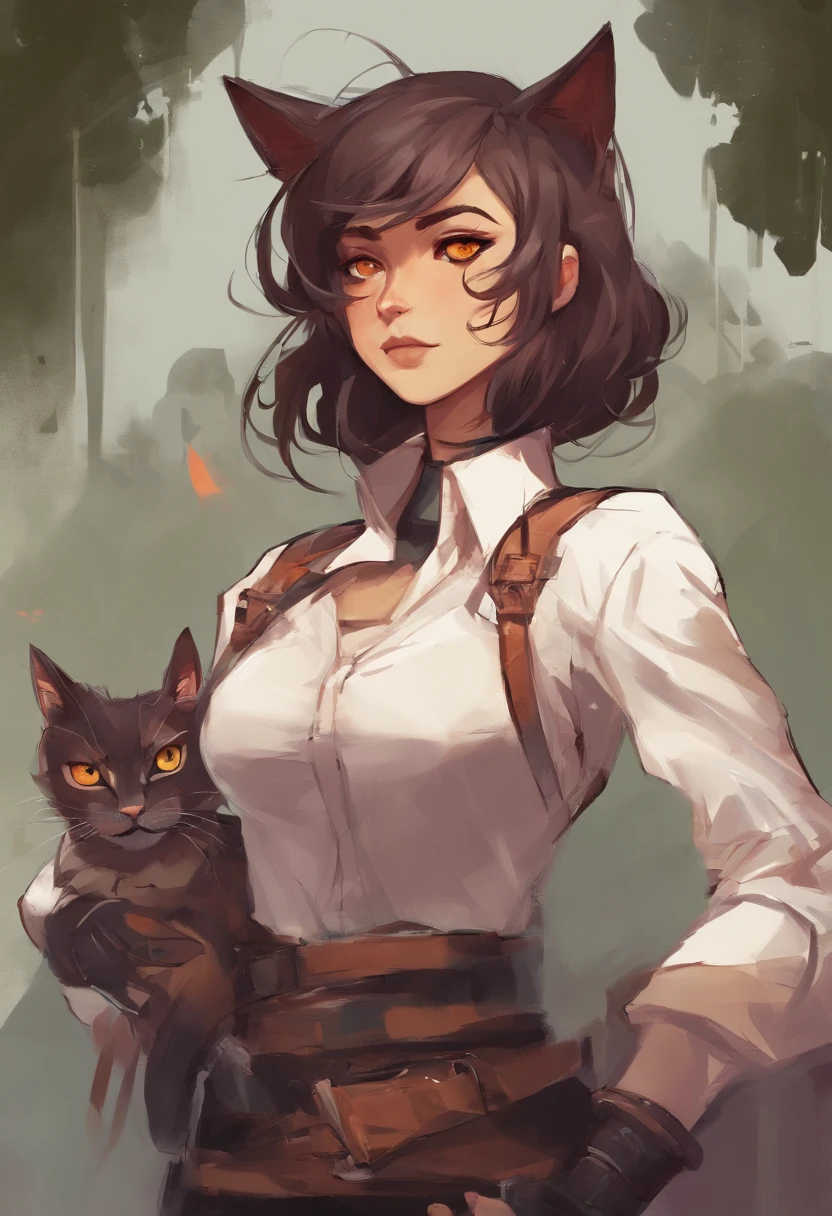 nonbinary gendered, PERSON WITH CAT EARS, dnd style, brown chin-length hair, reddish-orange eyes, slit eyes, 5'6, 107 lbs, fully clothed, leather traveler's clothes
