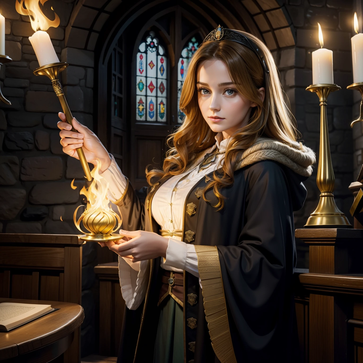 28 Jahre,a beautiful young woman, lange braune geflochtene Haare, Hogwarts Haus Huffelpuff, langer gelber Umhang,(tiefer ausschnitt) (tiefes dekoltee) (sexy Hogwarts Nachthemd), bare boobs, goldene Dachskette um den Hals, Hogwarts im Hintergrund, holds yellow fire in his hand, Hand brennt gelb,(Frontal)