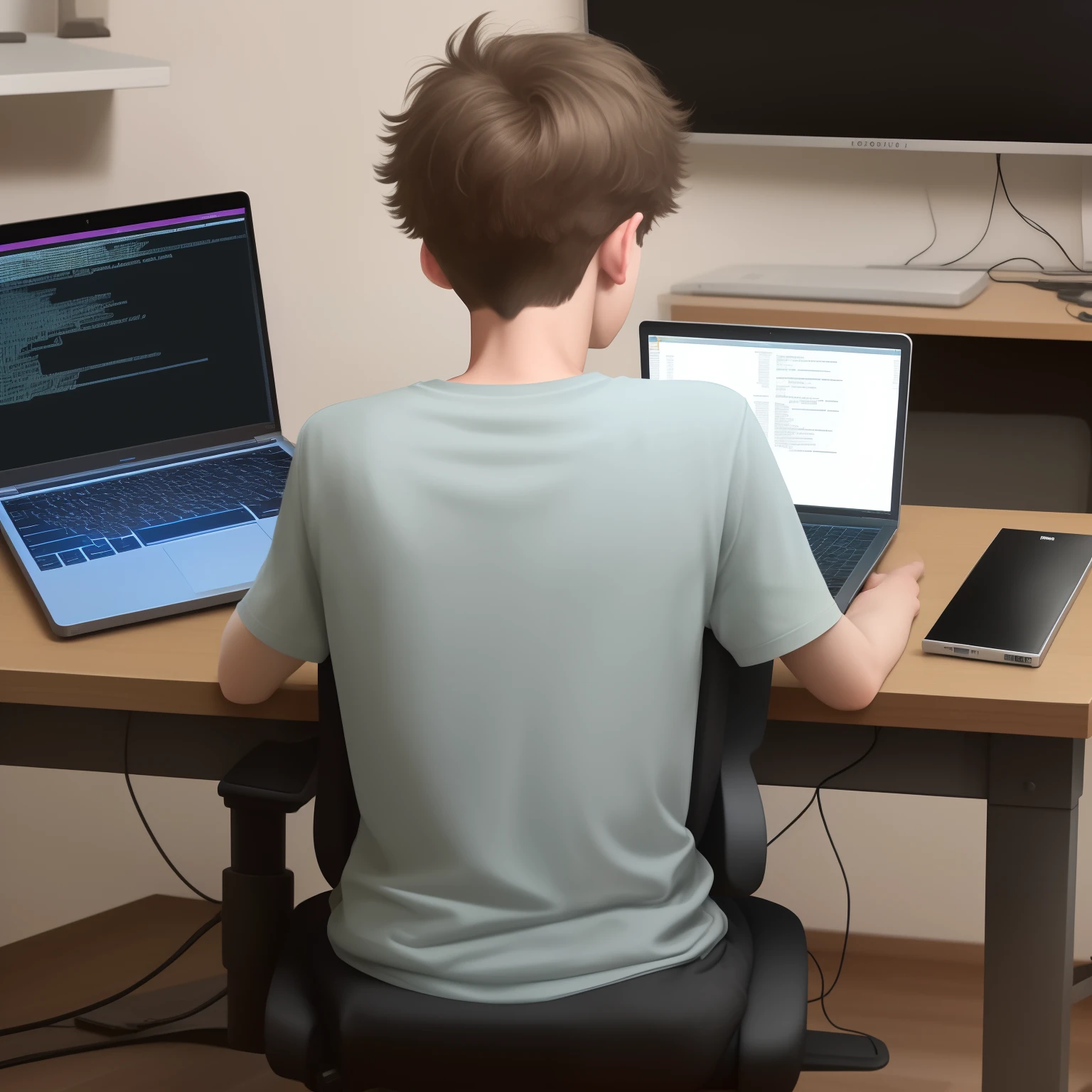 Teenage boy of age 23 years is doing programming on his laptop at night , laptop is on table , boy is sitting on gaming chair , image should be from behind him