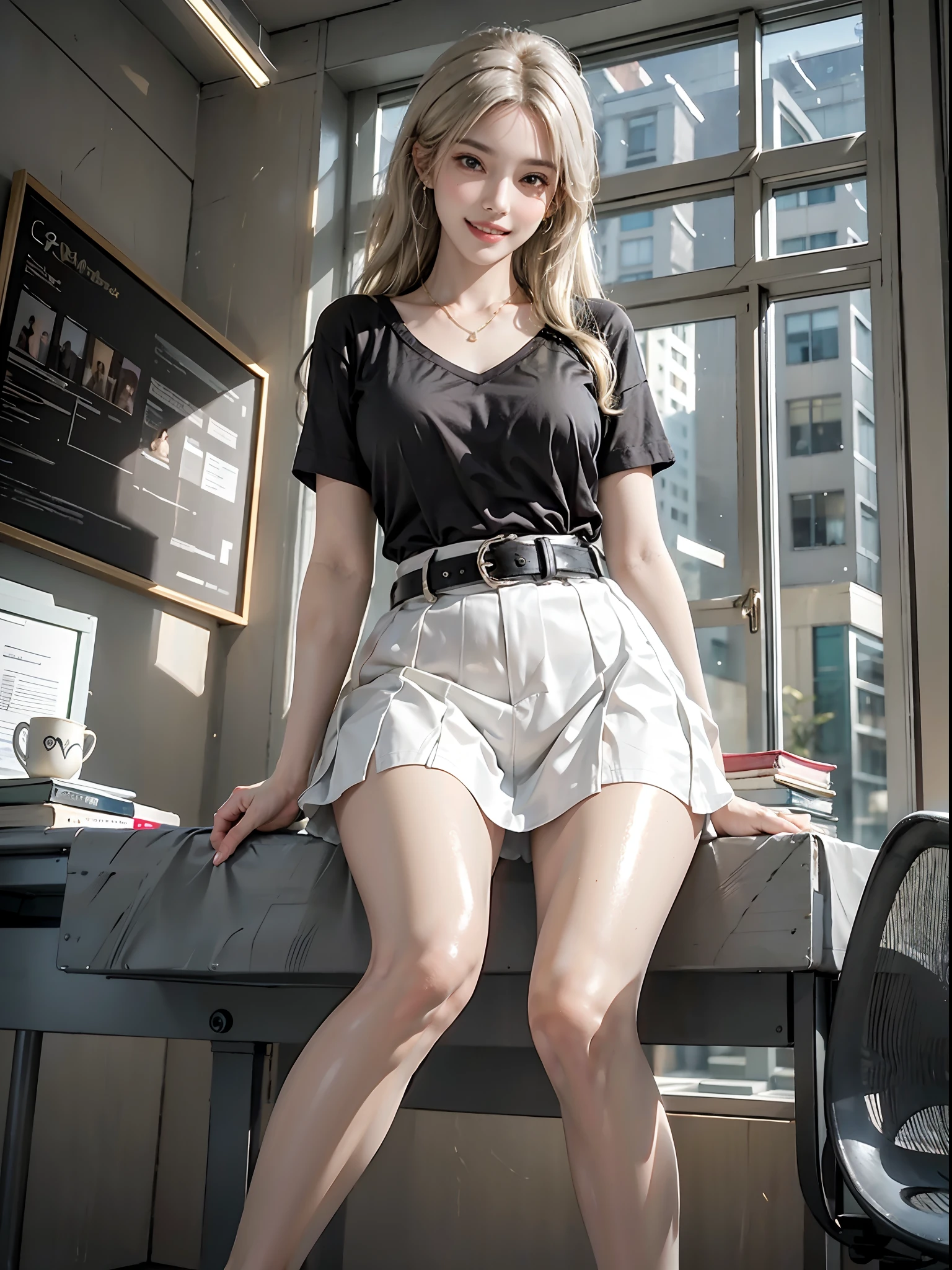 ((full body)), ((from below)), ((realistic)), 1girll, posed for photo, inside in room, desks, Sit Pose, pretty legs, The upper body leans forward slightly, looking at viewert, Detailed scenes, curlies, Air bangs, Beautiful hair accessories, Brownish-yellow hair, ((White color blouse, black short skirt, Shiny belt)), (Campus style), warm lights, a warm color palette, Detailed details, ultra-detailliert, (tmasterpiece, best qualtiy), (An extremely delicate and beautiful work), Delicate earrings, Delicate necklace, Simple blurred background, Extreme detail description, Ultra-fine painting, Delicate face, slim toned body, (grin, happy grin, Baring teeth), (anatomy correct)