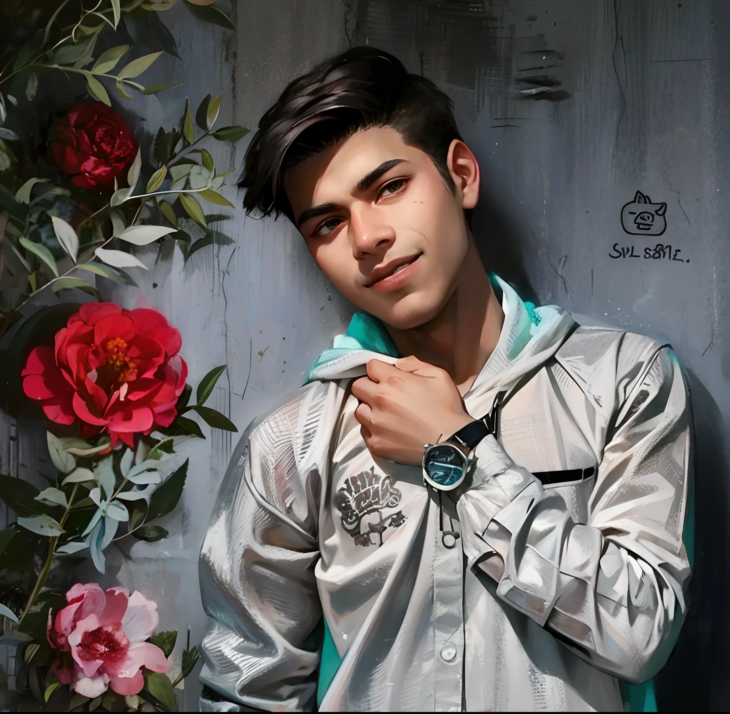A very handsome teenager passed by me and inadvertently saw me, bust photo, smiling and looking at me. High nose, yellow race, relatively white skin, black hair, medium hair. The background is a wall with various graffiti on it. He wears simple short sleeves and holds a cute dog. Highest quality.