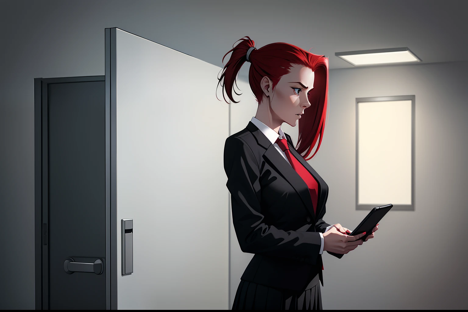 woman, red ponytail hair, wearing a black office suit, red tie,black office skirt, scared, fear, hiding, answering a call from cell phone, dark, grey background
