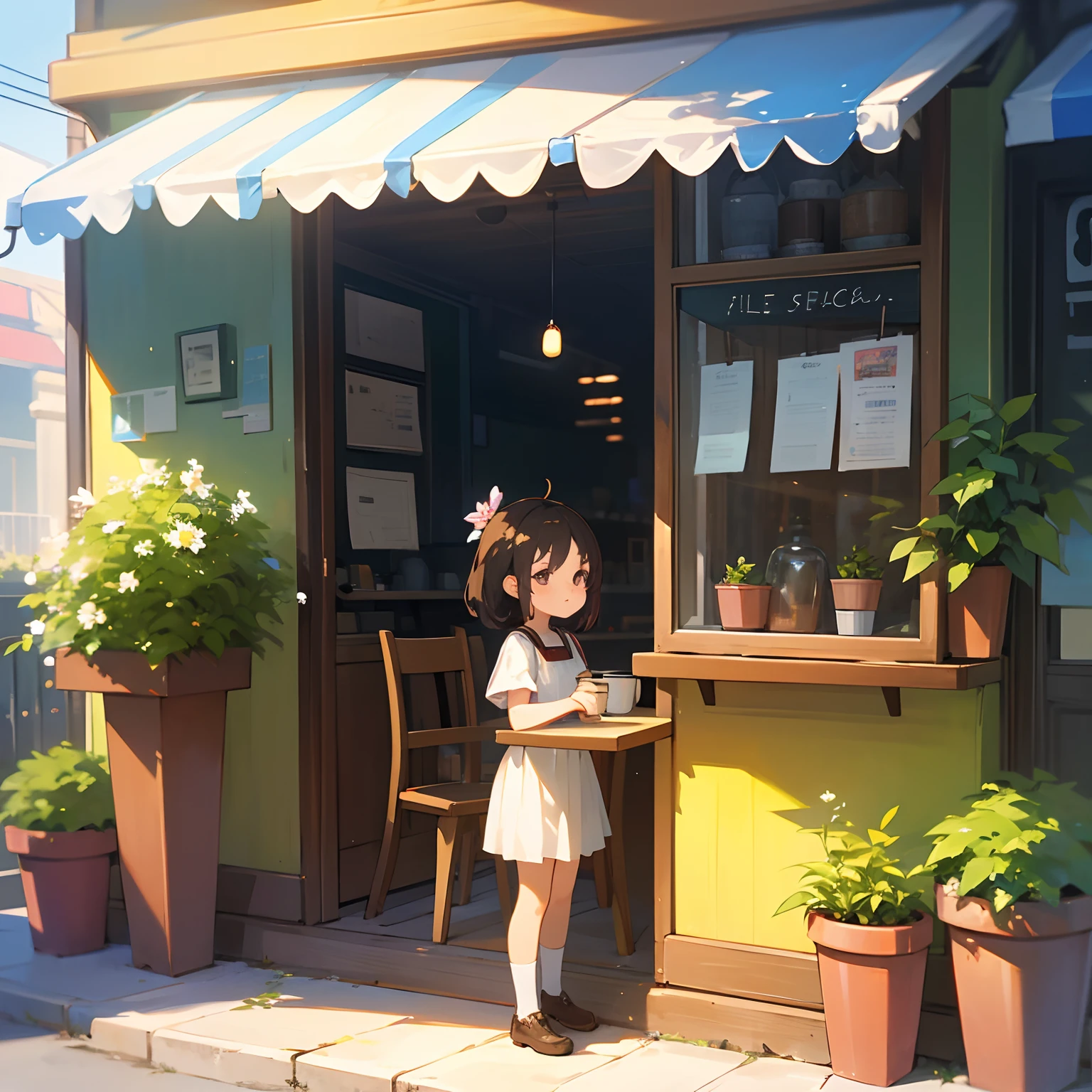 Little girl sweet, Work in a coffee shop, There are flower pots, Table and chairs, and the sun was shining brightly, the detail, 4K, k hd, high high quality. --auto
