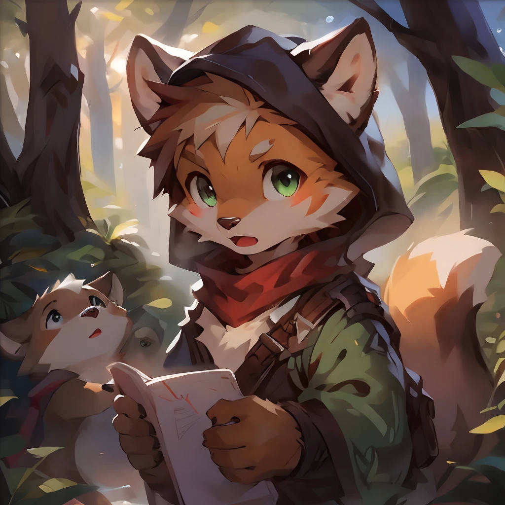 A curious male fox cub pokes its head out of a cozy fox den in the forest. He has orange fur, bushy tail, Cheer up your big furry ears. He wears the green adventurer's hat and scarf. His eyes were bright and surprised as he looked at the study in the dense woods。。, with a sunbeam coming through the trees. Small birds fly nearby，A deer passed by in the distance. The fox cub was excited, Express desire, Get ready to explore the outside world.
break
anthropology,Furry,feral,(Digital media \(artwork of a\):1.2),(hi，It's nothing,absurd res:1.2),Perfect anatomy,Anatomically correct,Detailed,Detailed face,Detailed eyes,(Realistic fur,Detailed fur:1.25),Detailed background,amazing background.
Break
(author：Puinki \(artist\):1.2),(author：Unreal Land,author：Sumi Kuroi,author：Milk Tiger 1145,author：Morkey,author：Emolga 1,Through the egg sac:1.2),(author：Xia Huaiting:0.8),(by Pino Daeni:0.8),(by Hios Hiru:0.8),(by Chunie:0.8).