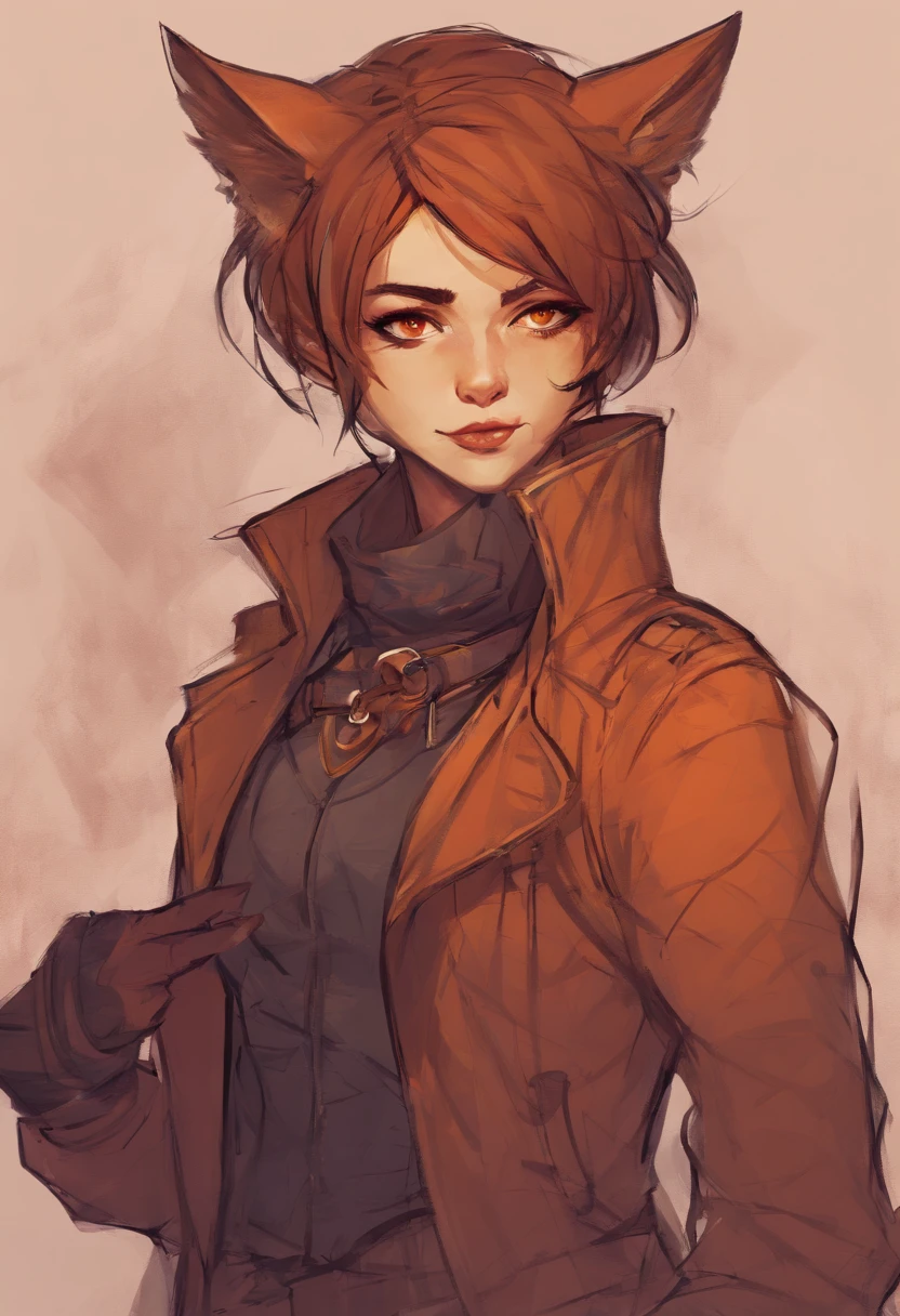nonbinary gendered, fantasy, PERSON WITH CAT EARS, dnd style, brown chin-length hair, reddish-orange eyes, slit eyes, 5'6, 107 lbs, fully clothed, leather traveler's clothes