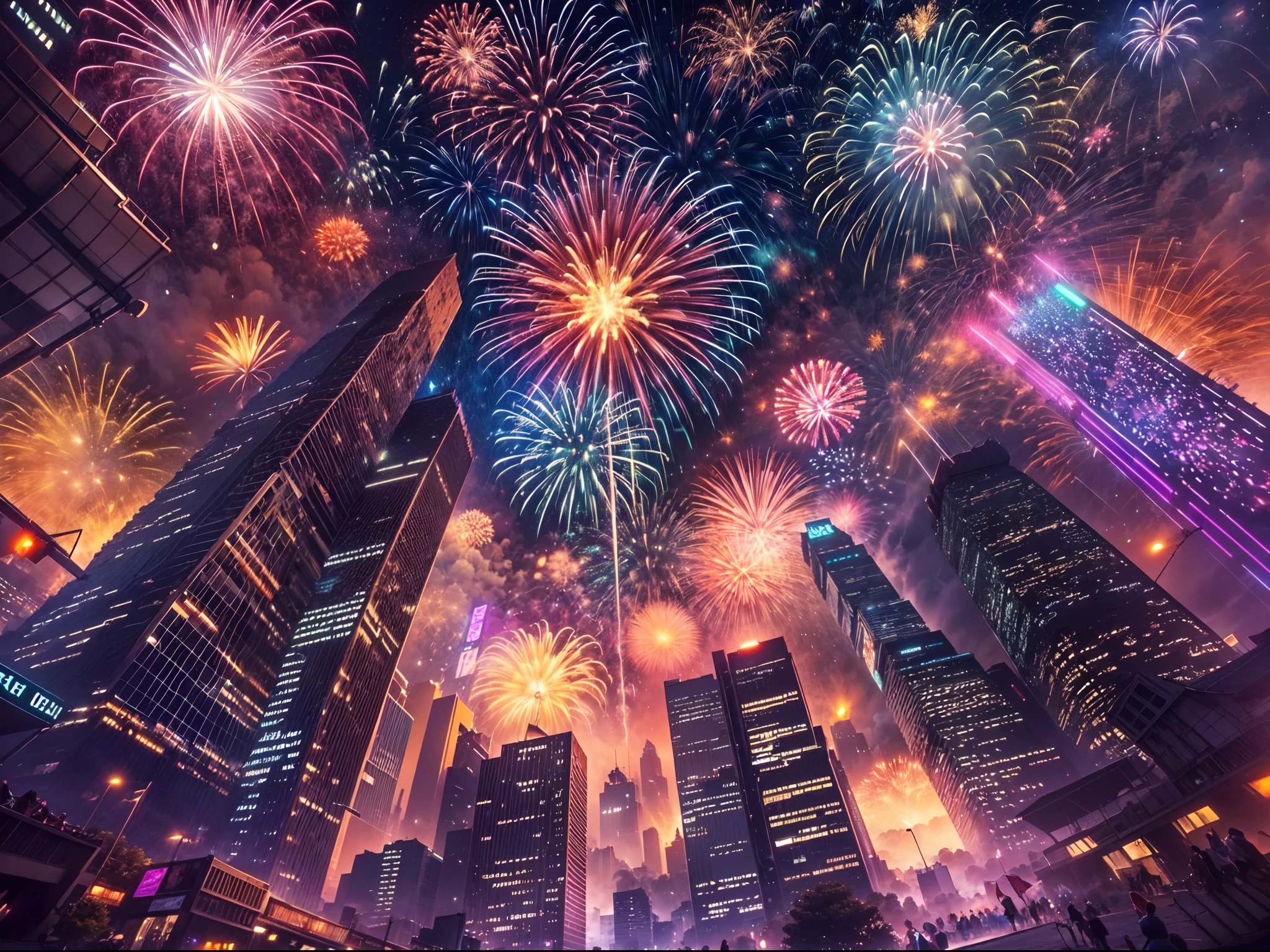 View from below, fireworks above a cyberpunk city,(bright and sparkling:1.1), magnificent explosion, (spectacular and mesmerizing:1.2), illuminating the darkness, (brilliant and vivid colors), (crackling and popping sounds), (captivating and breathtaking:1.1) display of lights, (dazzling and radiant) patterns, (enchanting and magical), (explosive and energetic), (celebration and joy).
