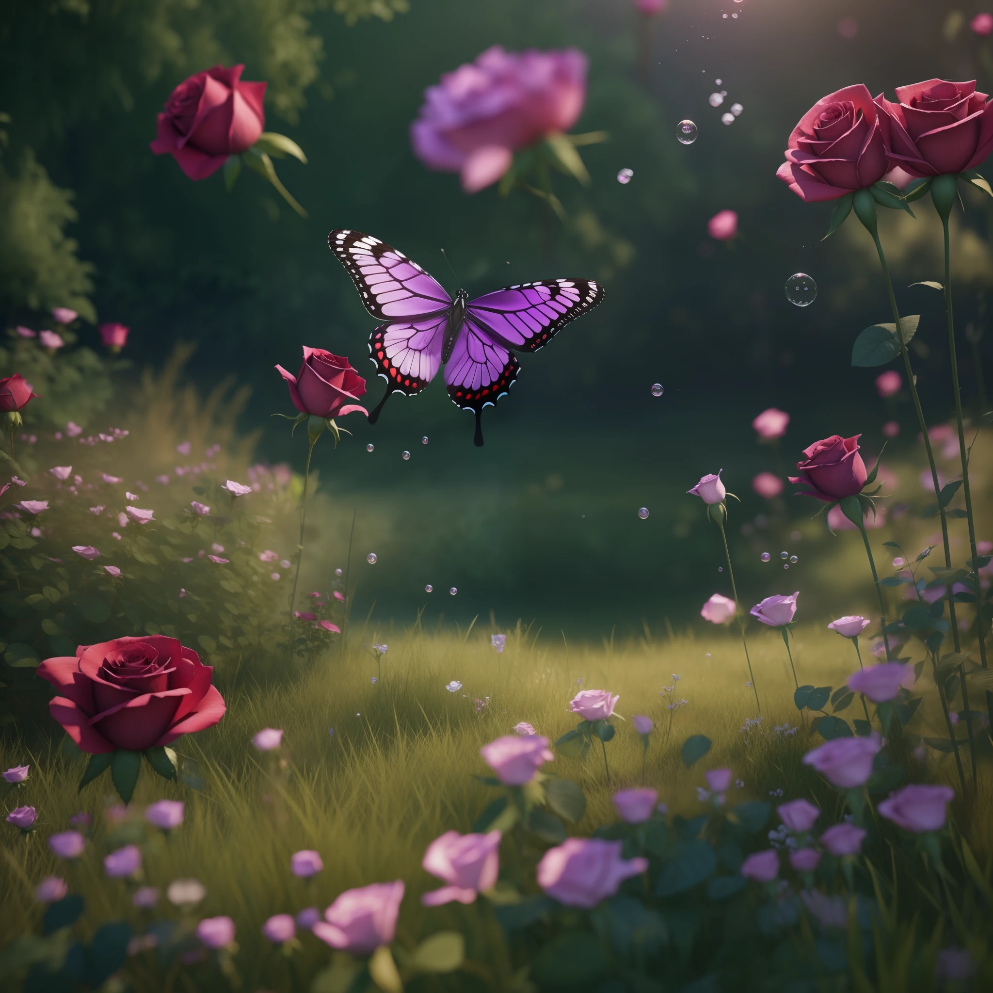 A beautiful butterfly in a rose flower, fantasy land, grasses, water bubbles, unreal engine 5, ultra Realistic, very beautiful