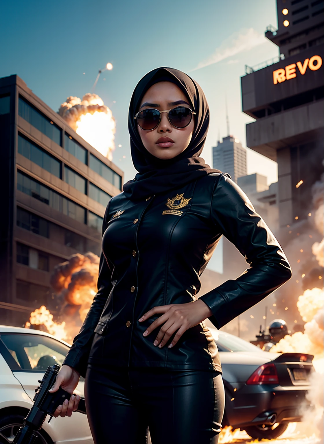 Medium breasted malay woman in hijab, sunglasses, sci-fi, with gun, explosions behind, movie poster, cinematic lighting, smoke effect at the bottom, movie shot framing, high quality, ultra detail, 8k, movie poster composition,