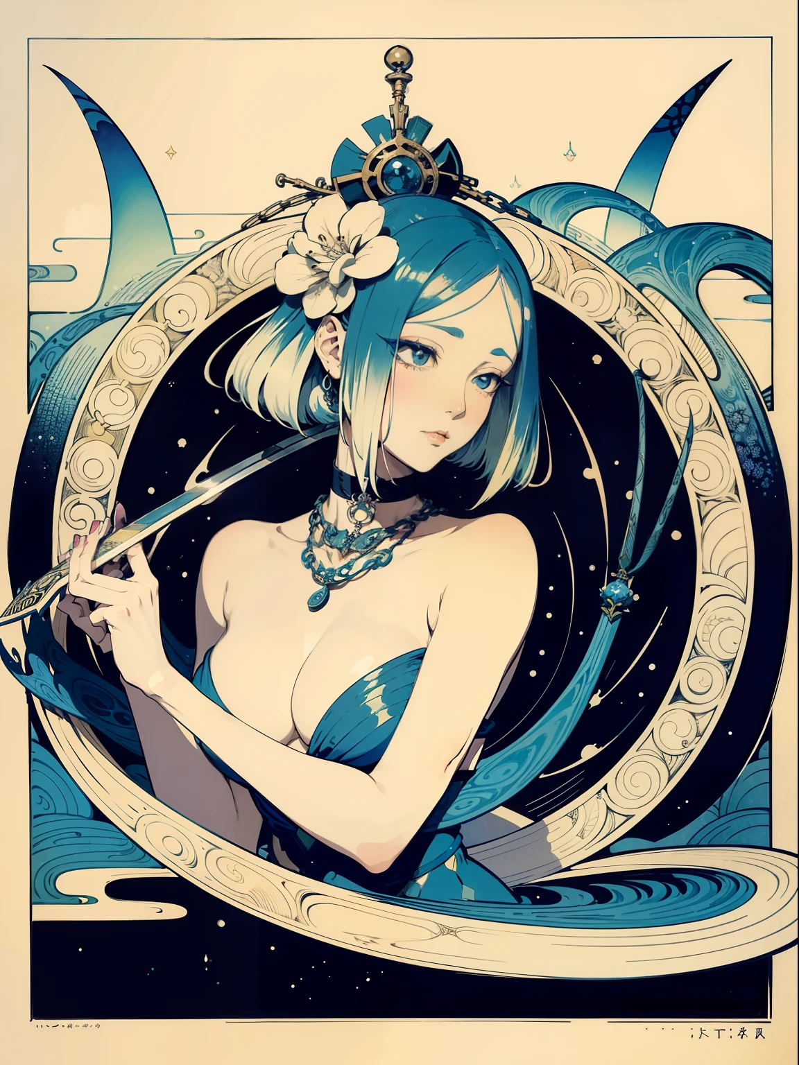 Ukiyo-e style Charles Robinson, Frank Pape, Kay Nielsen, surreal wondrous strange Whimsical absurderes fanciful Sci-Fi Fantasy Sphere mythology. Portrait of goddess holding a sword. Melting makeup. Snake around neck. Chains