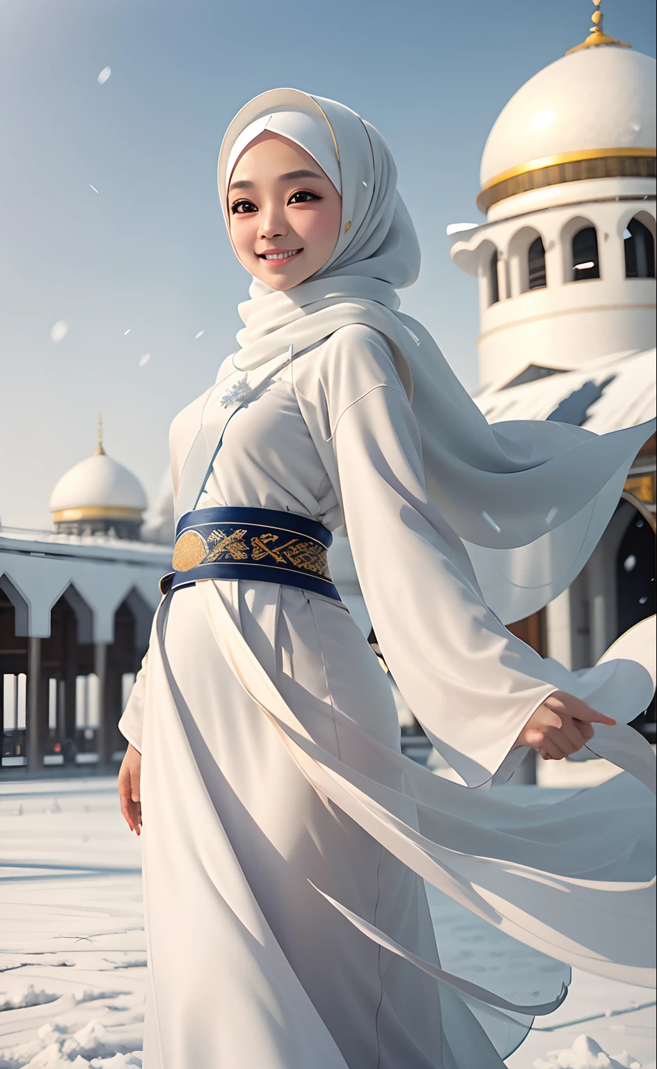 Best quality, 4K picture quality, 1 malay girl in hijab, white Hanfu, snow, long hijab fluttering in the wind, healing smile, large aperture, blurred background, mosque in background,