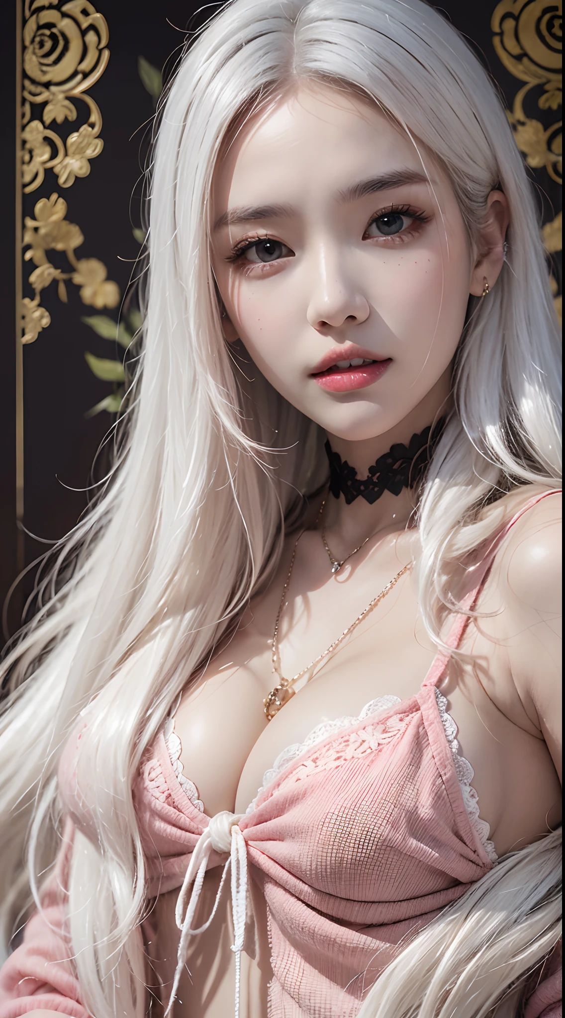 Photorealistic, high resolution, 1 woman, Hips up, Beautiful eyes, Long hair, ringed eyes, jewelry, white hair, pink chinese shirt