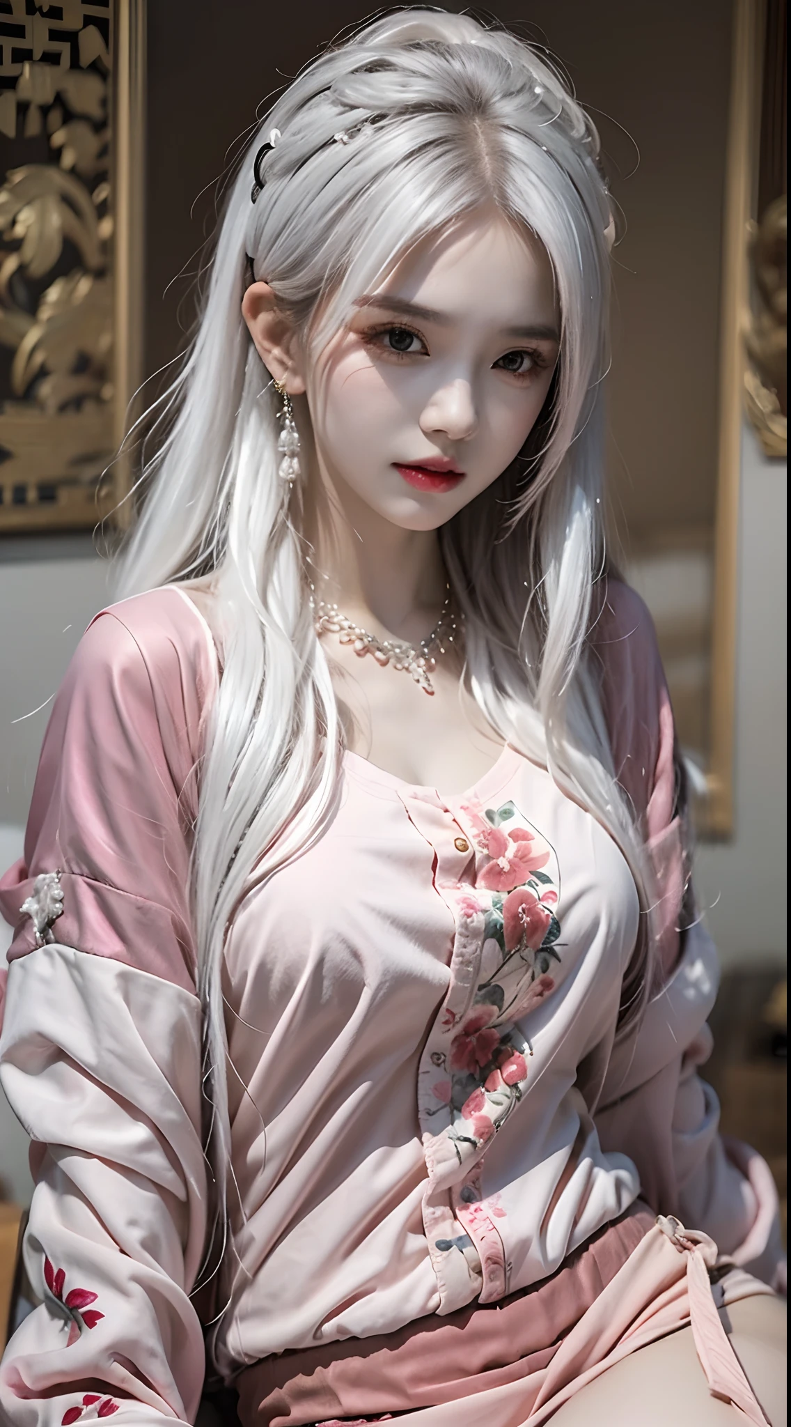 best quality, masterpiece, high resolution, 1 Girl, Full body cheongsam, Hair accessories, necklace, jewelry, Pretty Face, White hair, Tyndall effect, Reality, , Edge lighting, Two-tone lighting, (Highly detailed skin:1.2), 8K Ultra HD,  , soft light, high quality, Volumetric Lighting, frank, Movie, high resolution, 4K, 8k, Bokeh, Full breasts,Slender thighs