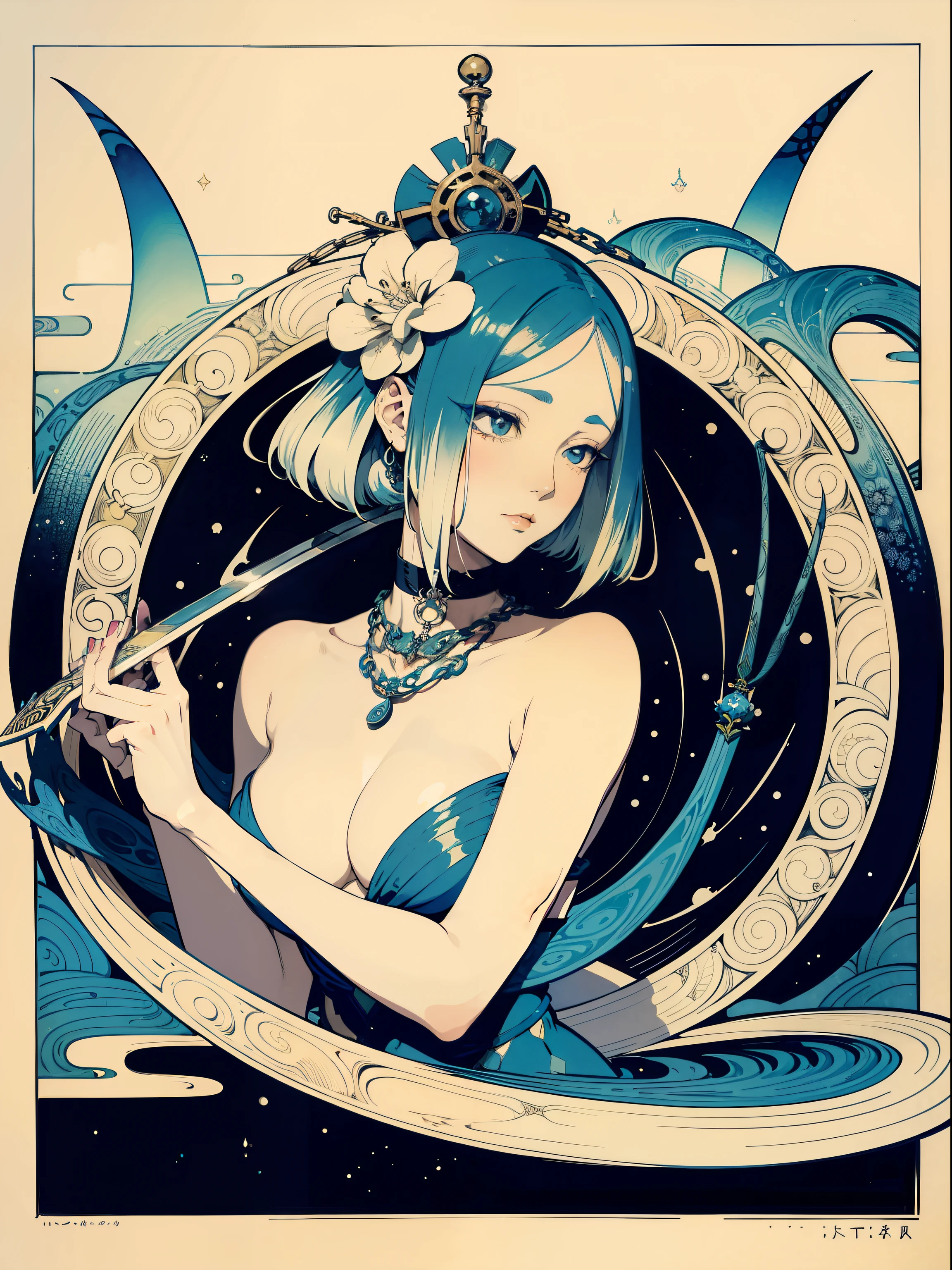 Ukiyo-e style Charles Robinson, Frank Pape, Kay Nielsen, surreal wondrous strange Whimsical absurderes fanciful Sci-Fi Fantasy Sphere mythology. Portrait of goddess holding a sword. Melting makeup. Snake around neck. Chains