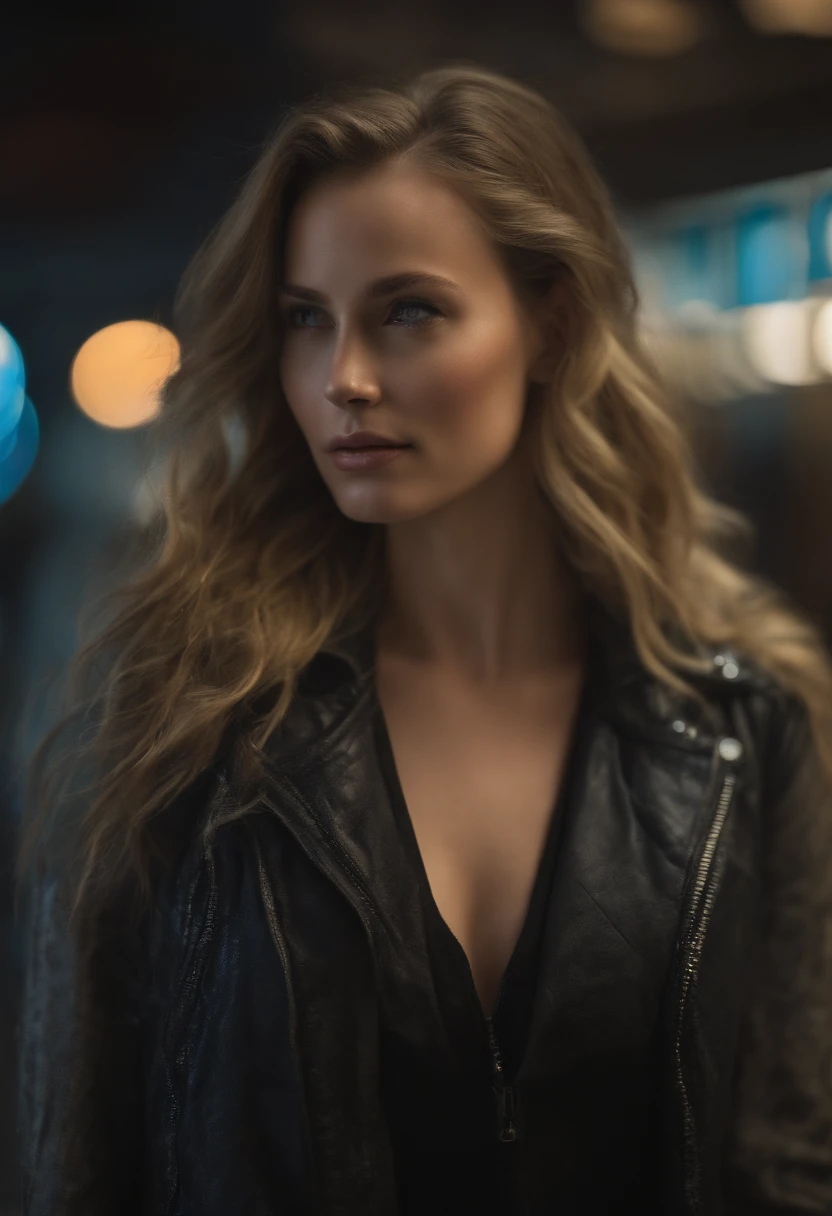 gorgeous woman with extra long wavy blonde hair, detailed alluring eyes, long sexy legs, wearing tshirt and pant, ((detailed facial features)), (finely detailed skin), pale skin, realistic skin texture, extreme skin details, (pores:0.1), in the background beautiful futuristic cyberpunk city, best quality masterpiece, photorealistic, hyperrealistic, detailed, 8k, HDR, (Soft color: 1.2), shallow depth of field, broad light, high contrast, backlighting, bloom, light sparkles, chromatic aberration, sharp focus, RAW color photo