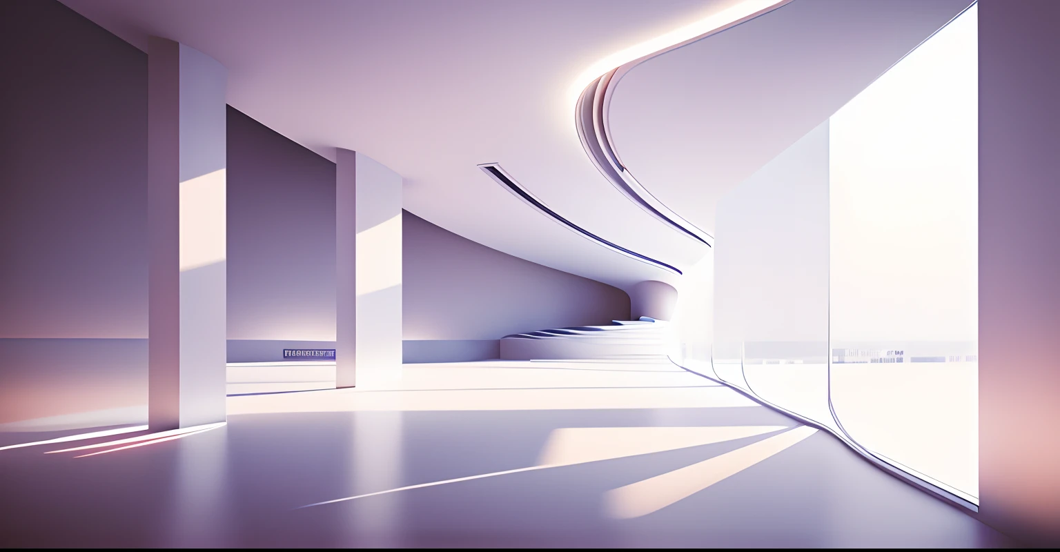 Great view from a banquet hall，There were plenty of chairs and tables, rounded ceiling, Interior lighting, smooth curvilinear design, smooth curvature design, white accent lighting, interior architecture view, White ceiling, gentle ambient lighting, stunning lines, glowing white accent lighting