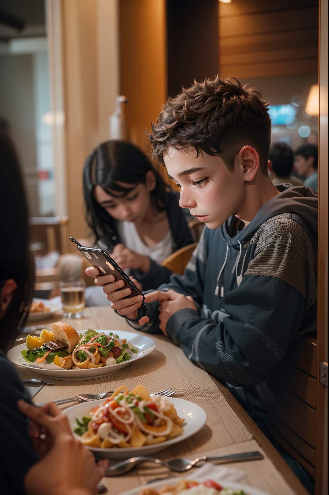 A 14-year-old boy is still looking at his smartphone during dinner with his family.