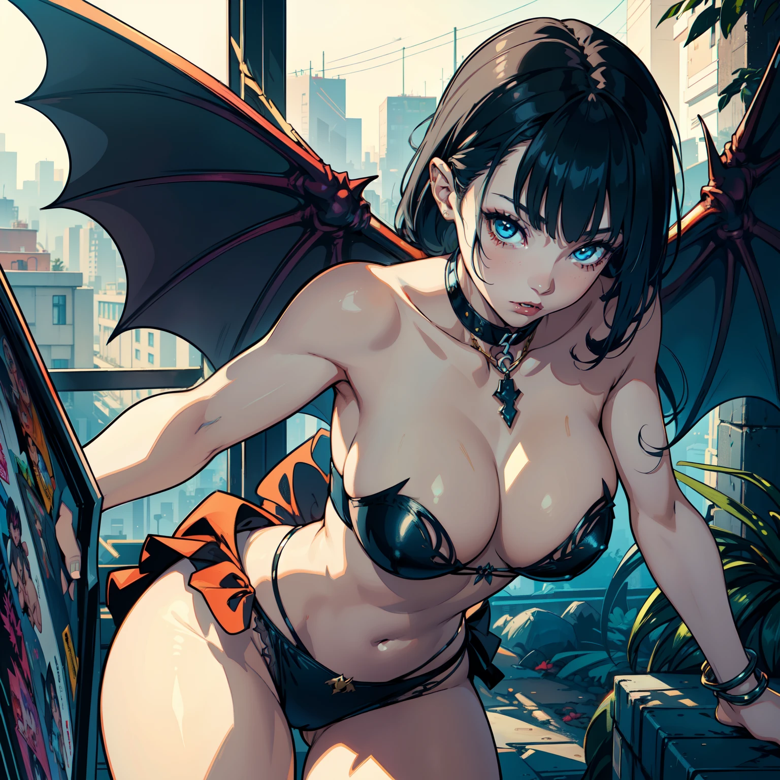 2 0 2 0 Artstation Design Winner,((1 Monster Concept)),((1Vampire)),solo,beautiful,crisp eyes,fit,bangs hairstyle,large_bat_wings on her shoulder blades,wearing,short_sarong and see-thru panties,colored skin,gold skinned,leaning forward,down blouse,((comicart,comic-art,comic art,ultra-fine lineart Art Style)),Hip-Hop trends,(centered,close-up),((less detail))