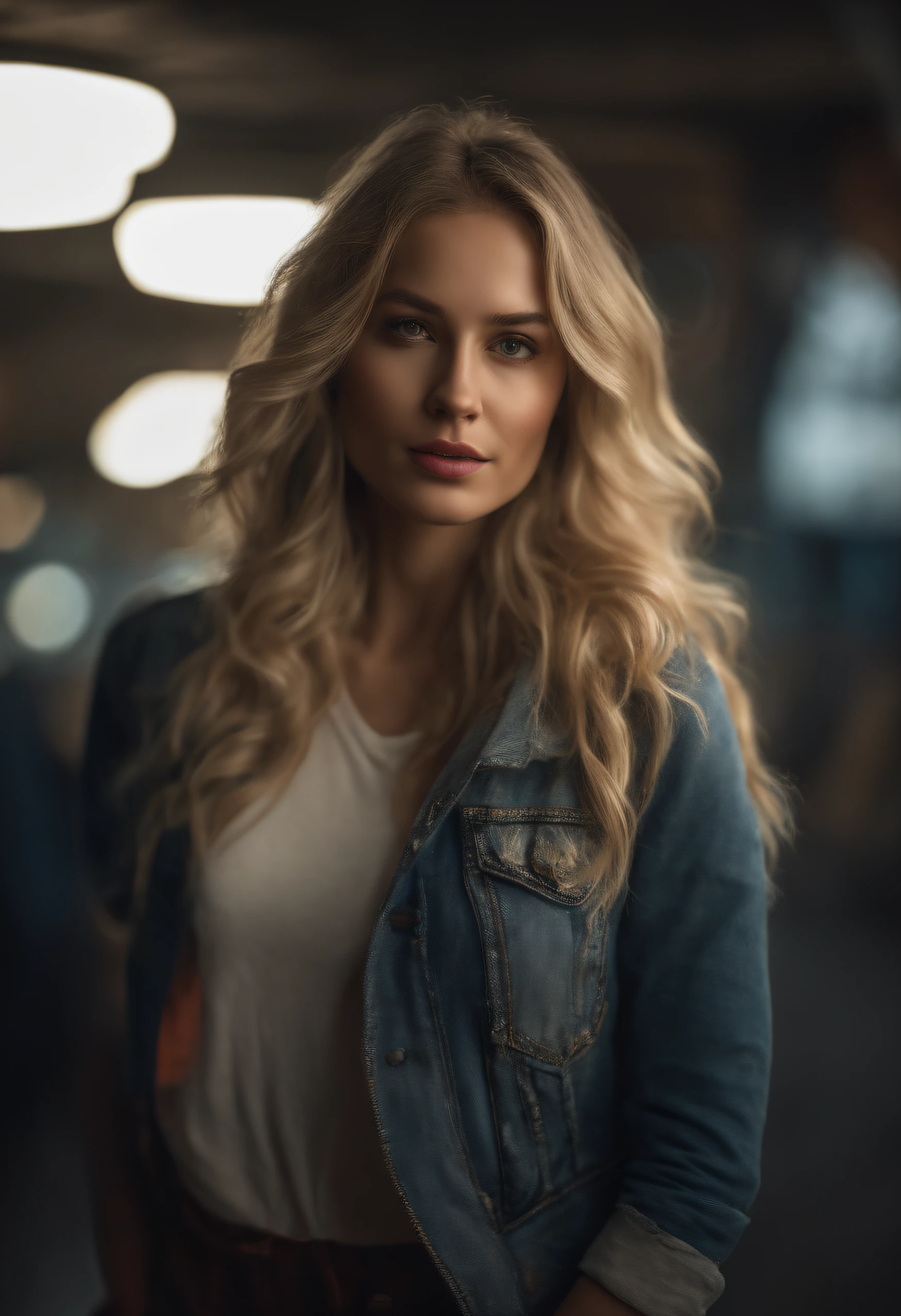 gorgeous woman with extra long wavy blonde hair, detailed alluring eyes, long sexy legs, wearing tshirt and pant, ((detailed facial features)), (finely detailed skin), pale skin, realistic skin texture, extreme skin details, (pores:0.1), in the background beautiful futuristic cyberpunk city, best quality masterpiece, photorealistic, hyperrealistic, detailed, 8k, HDR, (Soft color: 1.2), shallow depth of field, broad light, high contrast, backlighting, bloom, light sparkles, chromatic aberration, sharp focus, RAW color photo