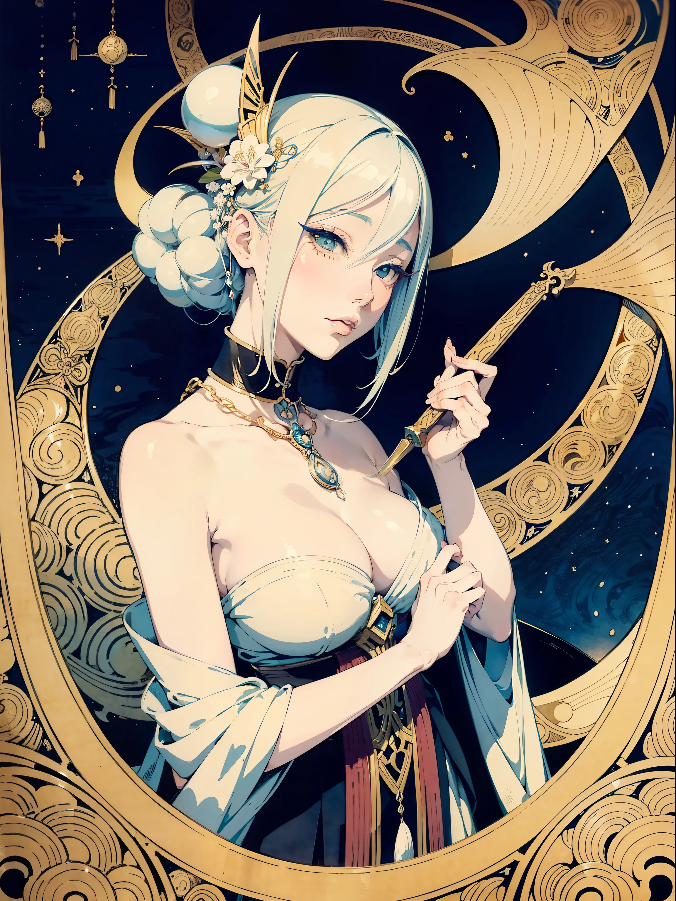 Ukiyo-e style Charles Robinson, Frank Pape, Kay Nielsen, surreal wondrous strange Whimsical absurderes fanciful Sci-Fi Fantasy Sphere mythology. Portrait of goddess holding a sword. Melting makeup. Snake around neck. Chains