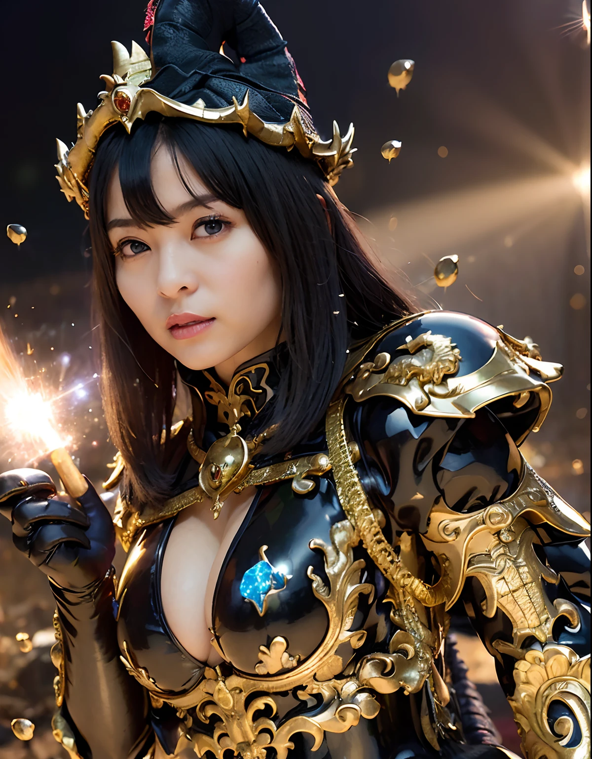 ((World of Darkness)),Professional , ​masterpiece、top-quality、photos realistic , depth of fields 、(((With a magic wand of gems))),（Dragon Black Metal Body:1.9),(latex black-blue、（cleavage of the breast）（Fight dragons）、、(((Particles of light))),（Micro Bikini Armor:1.7),Gorgeous gold weapons ,（Fight dragons）、Seductive look、（blood splattere、（(((With a magic wand))), ） , (((Wearing a black latex wizard hat))),（demonic wings）   ,（（a blond））、（Castle background）、（（Gangle's forest background））、Beautiful Caucasian beauty、１a person、dynamic ungle,(((Detailed and ornate dragon wizard hat)))、Smaller head、A smile、Castle background、Thin and beautiful female hands、cleavage of the breast、Soldier in iron armor on background、Mystical expression、Light Effects、intense fighting、Wind-effect、magic circles、With the legendary magic wand、Dragon's tail、explosions、Toostock、Toostock、