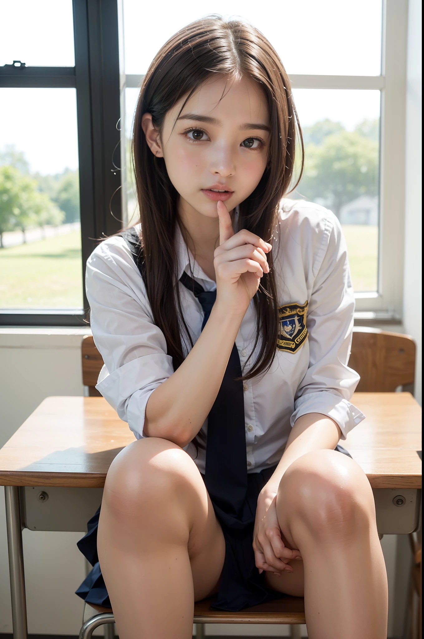 top-quality、hight resolution、ultra-detailliert、masterpiece、Raw photography:2、realisitic:2、Photorealsitic:2、extremely delicate and beautiful、finely detail、 Textured skin、1girl in, (Light brown medium hair), ((Female Student Uniforms)), 18 year old beautiful schoolgirl、Satisfied look, ((Opening legs、Open your legs、Crotch main、After Cum Inside、Pubic hair is dark、Fingers of the hand precisely))、School wooden desk and chair、chalk board、A residential area sinking behind a window、Sunset Class、At SFW
