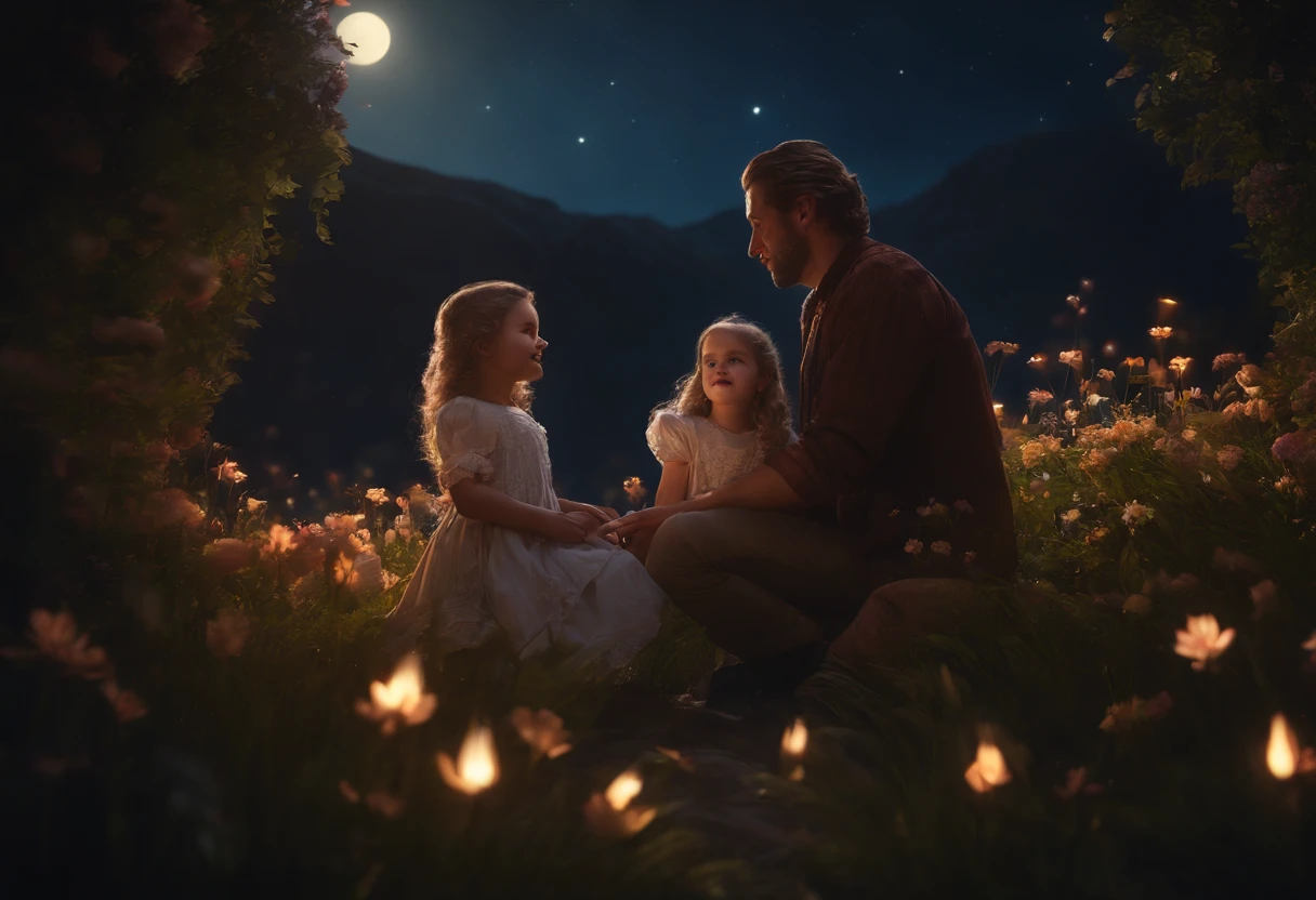 FATHER AND LITTLE DAUGHTERS PLAYING, NIGHTTIME, FLOWERS, NATURE, MOONLIGHT, REALISTIC, 8K, resolution concept art portrait by CAUCASIAN, REALISTIC, detailed matte painting, deep color, fantastical, intricate detail, splash screen, complementary colors, fantasy concept art, 8k resolution trending on Artstation Unreal Engine 5"