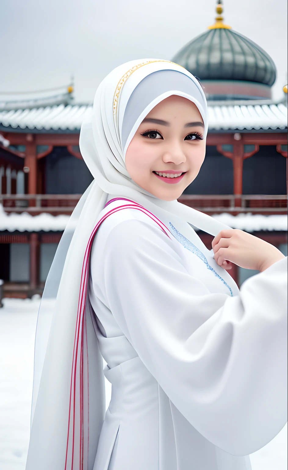 Best quality, 4K picture quality, 1 indonesian girl in hijab, white Hanfu, snow, long hijab fluttering in the wind, healing smile, large aperture, blurred background, mosque in background, nude