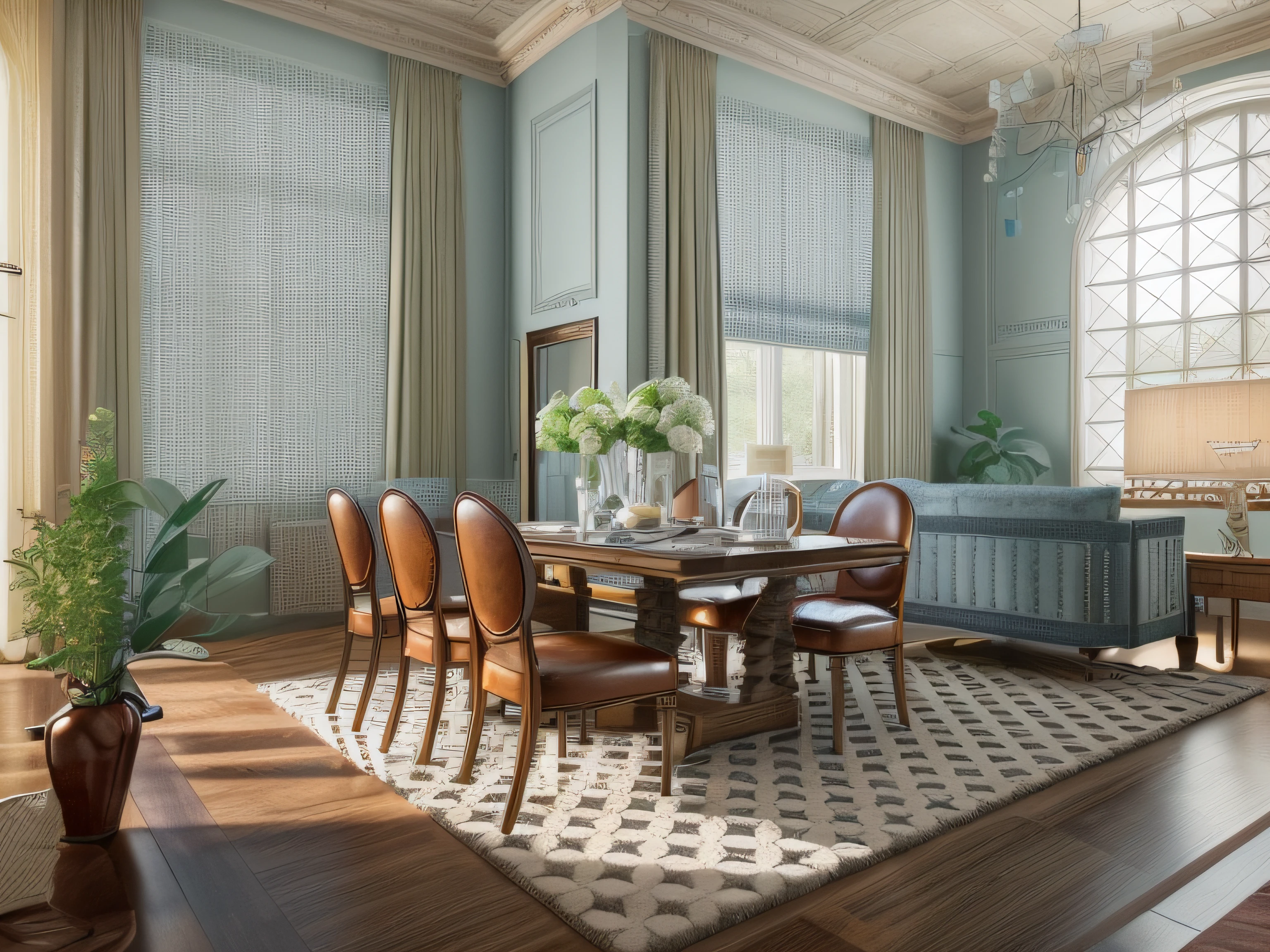 RAW photo, interior classic style, (high detailed skin:1.2), 8k uhd, dslr, soft lighting, high quality,Please generate a detailed and distinctive image of the living room in a Retro-style apartment. The room should feature warm and bright natural wood tones with prominent wood grain patterns. The flooring should consist of luxurious tiles or stone cladding with elegant cloud-like patterns. Incorporate both modern LED lighting and Retro-style chandeliers to create a well-lit space.

Opt for a refined leather sofa that complements the natural wood grain and enhances the overall ambiance. Choose curtains in a soft blue-gray shade to harmonize with the Retro style. Emphasize the presence of authentic, crisp natural light that highlights the interior's color contrast and texture.

Additionally, introduce a unique twist with monochromatic wood paneling, creating a captivating contrast. Include decorative elements in pastel blue, moss green, deep plum, and other standout colors to add a touch of uniqueness and personality.

Ensure that the room exudes an atmosphere of Retro elegance, comfort, and creativity, where the interplay of natural light and contrasting interior elements creates a captivating Retro-style living room