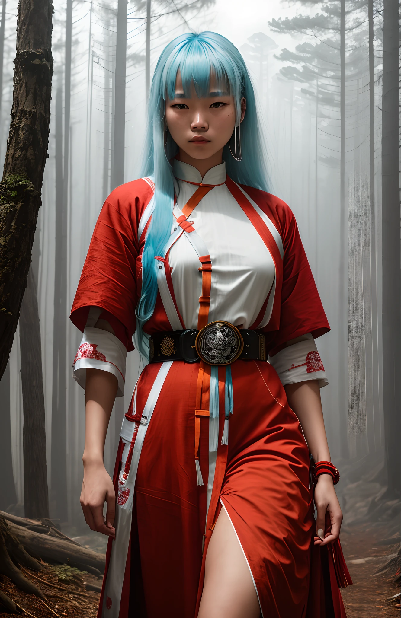 Young woman 18-years old, straight light blue hair, (free long hair) , dressed as a shaolin monk, (red and white dress), forest background, masterpiece, hyperdetailed, belt with big round buckle, bandages in the hands,