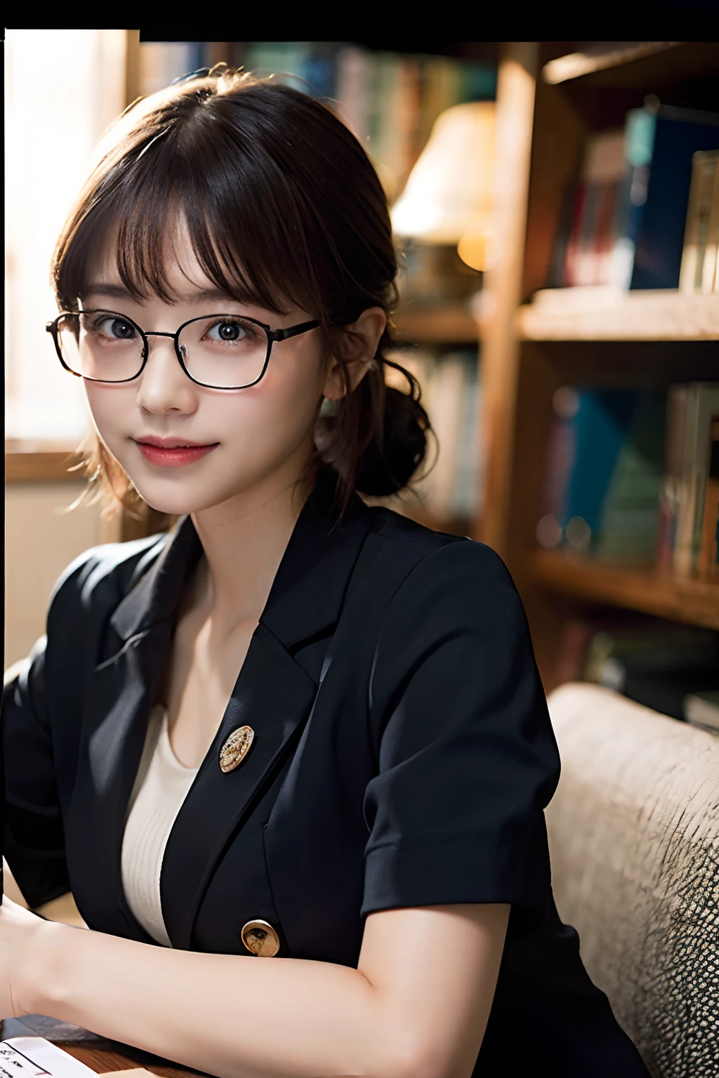 (8K、Raw photography、top-quality、​masterpiece:1.2)、(realisitic、Photorealsitic:1.37)、ultra-detailliert、超A high resolution、女の子 1 人、20yr old、see the beholder、beautifull detailed face、A smile with a little visible teeth、Constriction、(Slim waist) :1.3)、((Blazer))、Beautiful detailed skin、Skin Texture、Floating hair、((Hair bunched into one))、large breasts with good shape、Professional Lighting、Autumn twilight、book library、(((Black square glasses )))、Whole human body、Black hair、((Shameful appearance))、Accept the book、