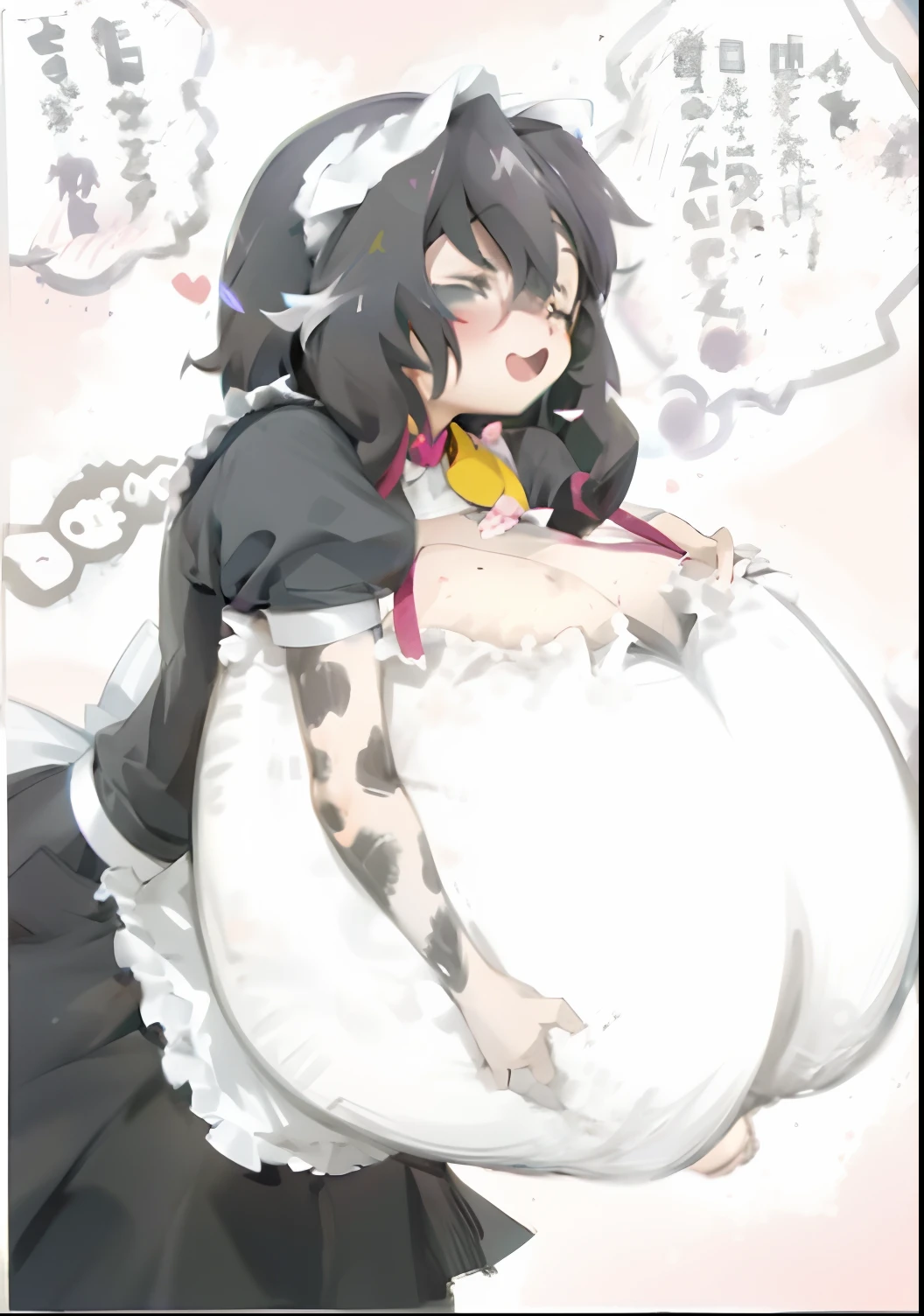 Un primer plano de un personaje de dibujos animados sosteniendo un objeto grande, Anime Cat Girl en un disfraz de sirvienta, small curvy , Chica de anime con disfraz de sirvienta, cosplay de un catboy! Sirvienta! vestido, Anime Maids montando tanques tempranos, lolila tiene un vientre redondo y gordo y tembloroso, Thicc, Loli en ido, Traje de sirvienta