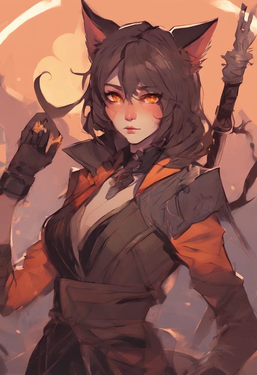 nonbinary gendered, fantasy, PERSON WITH CAT EARS, dnd style, brown chin-length hair, reddish-orange eyes, slit eyes, 5'6, 107 lbs, fully clothed, leather traveler's clothes, no tits