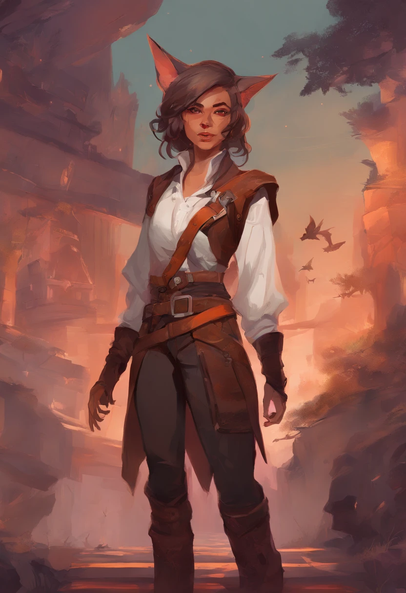 nonbinary gendered, fantasy, PERSON WITH CAT EARS, dnd style, brown chin-length hair, reddish-orange eyes, slit eyes, 5'6, 107 lbs, fully clothed, leather traveler's clothes, no tits