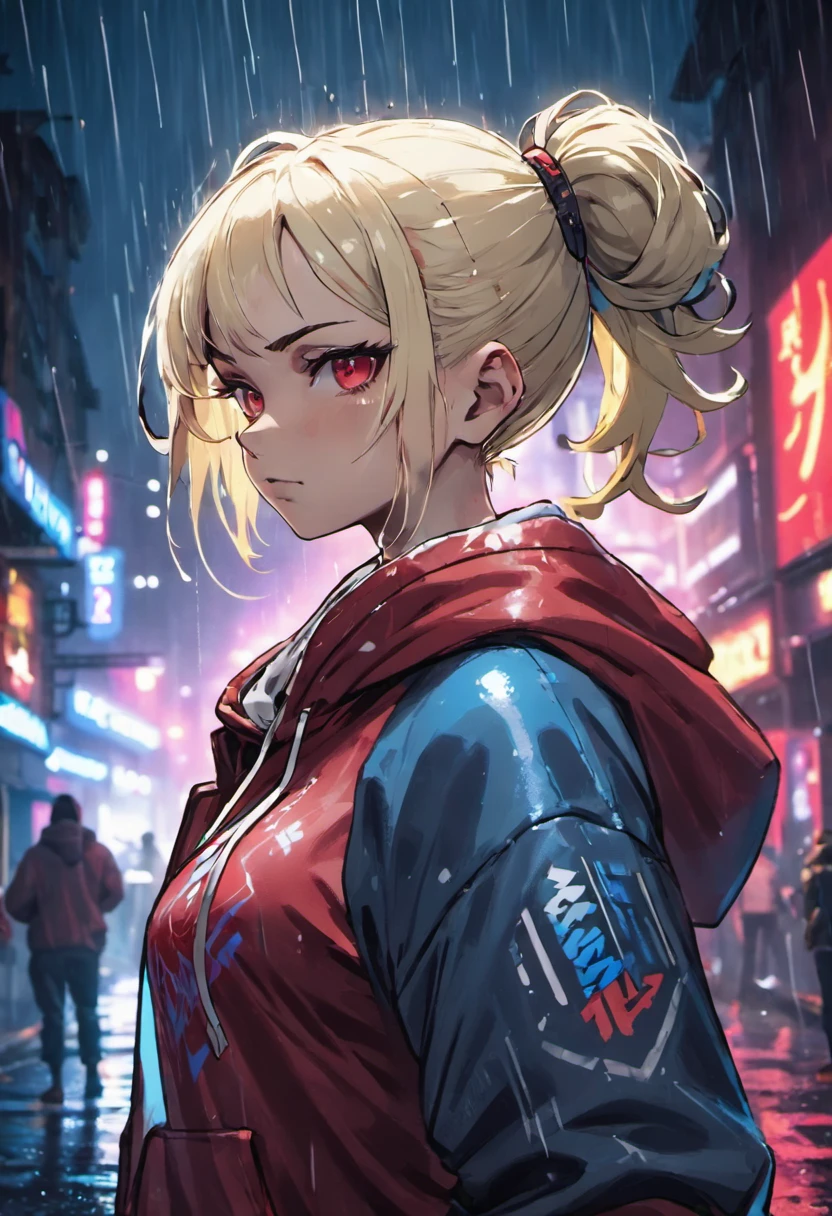 Closeup photograph, confident young cyberpunk woman with blonde and white hair in a bun, wearing a hoodie with red and blue designs on it, in a rain soaked street at night, photorealistic, cinematic lighting