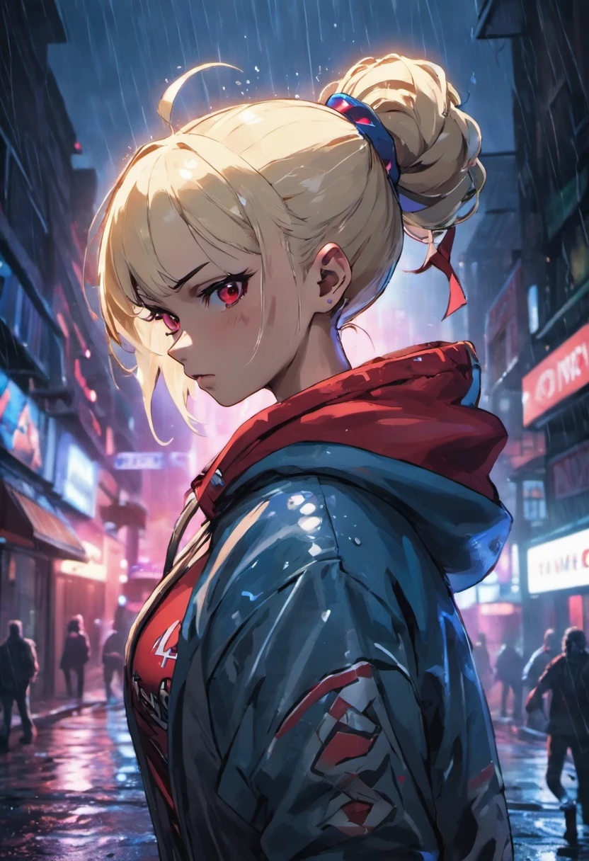 Closeup photograph, confident young cyberpunk woman with blonde and white hair in a bun, wearing a hoodie with red and blue designs on it, in a rain soaked street at night, photorealistic, cinematic lighting