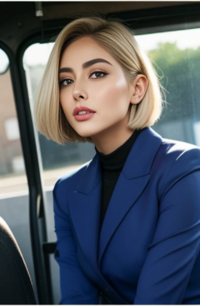 ((Realistic lighting, Best quality, 8K, Masterpiece: 1.3)), Clear focus: 1.2, 2girl, Perfect Figure: 1.4, Slim Abs: 1.1, ((short blonde bob hair)), (chic, tailored pantsuit and turtle neck: 1.4), Super fine face, Fine eyes, Double eyelids, woman is posing while sitting in a bus stop in a street, inspired by Gina Pellón, instagram, tachisme, violet myers, lorena avarez, olivia culpo, alanis guillen, looks like laura barriales, sophie mudd, tanned ameera al taweel, beautiful iranian woman, full body portrait
